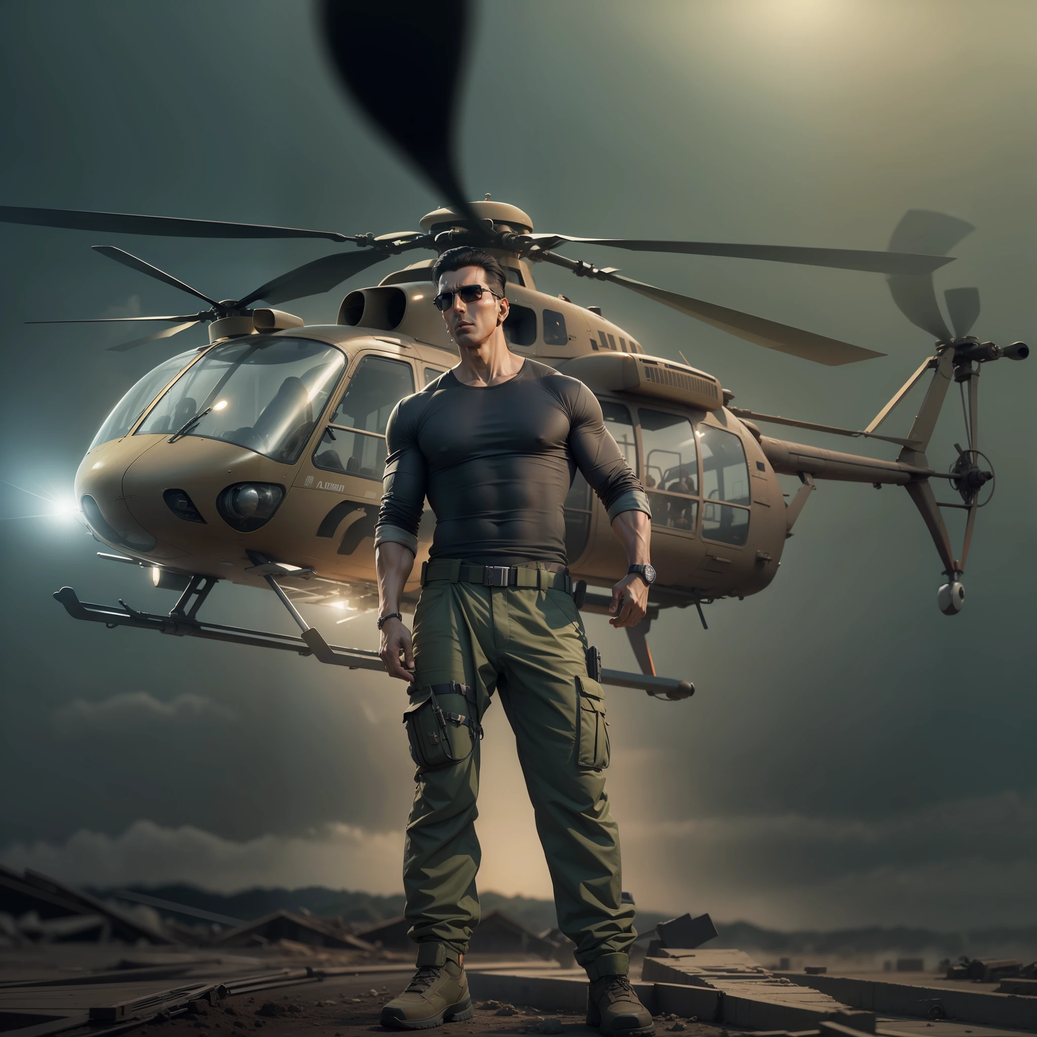Akshay Kumar standing at top of the build ing with helocopter , Akshay Kumar in commando dress, cenematic lights, ultra realistic, hd smooth,