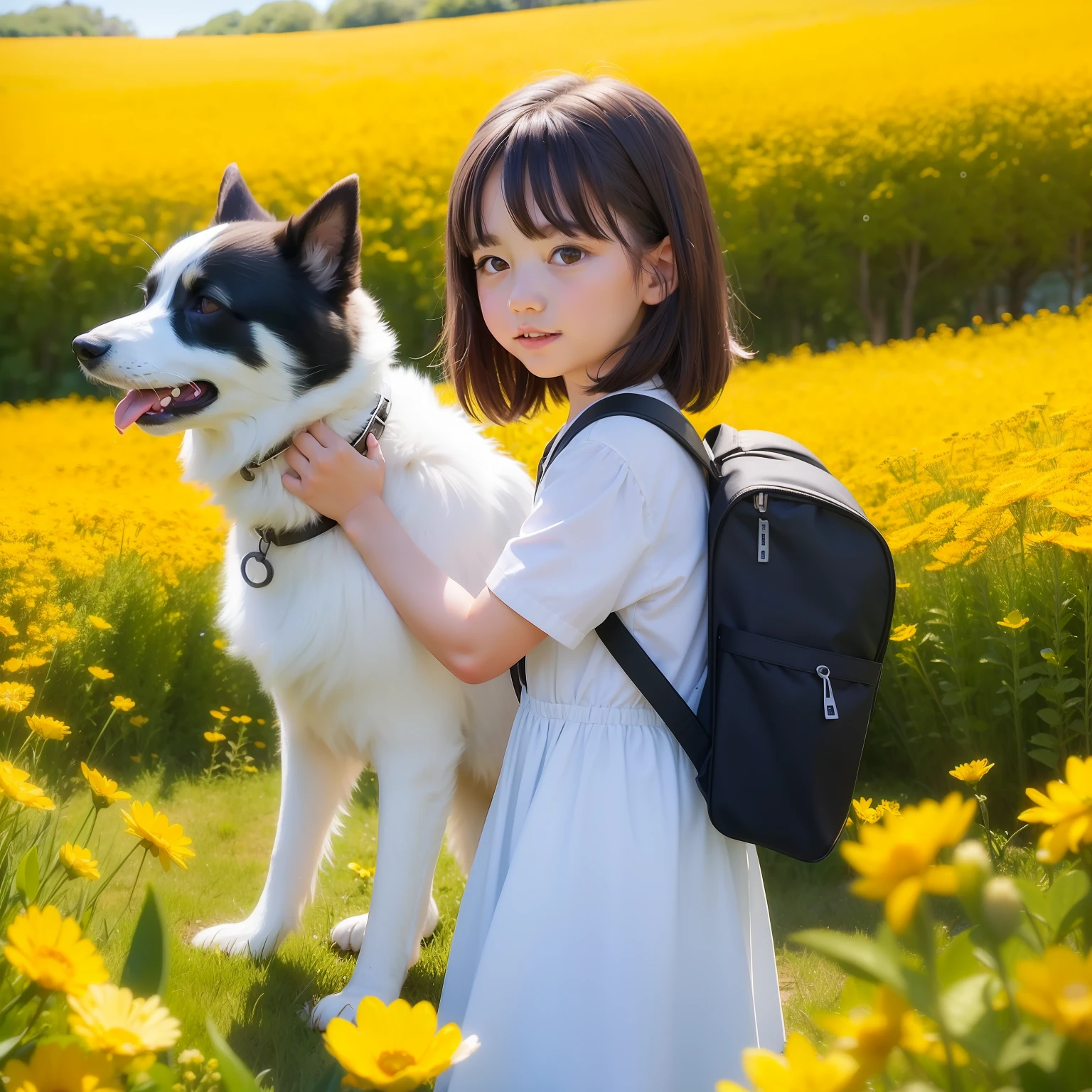 A very charming little girl with a backpack and her cute border collie puppy enjoying a lovely spring outing surrounded by beautiful yellow flowers and nature. The illustration is a high-definition illustration in 4K resolution with highly detailed facial features and cartoon-style visuals.