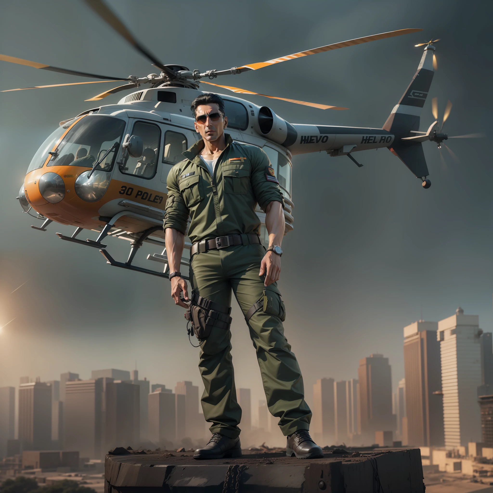Akshay Kumar standing at top of the build ing with helocopter , Akshay Kumar in commando dress, cenematic lights, ultra realistic, hd smooth,