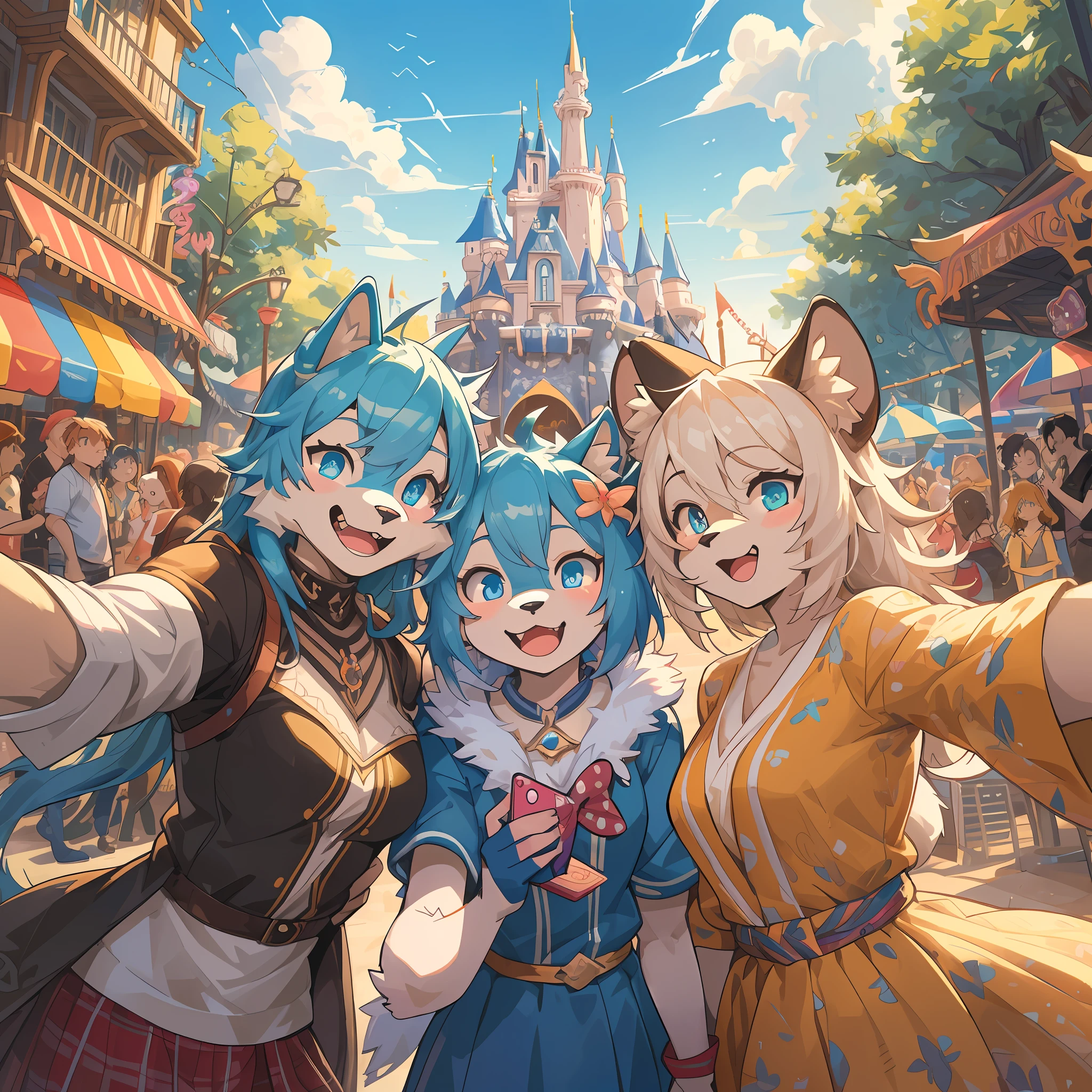 top quality, best quality, High-quality illustrations, masterpiece, super high resolution, detailed background, detailed background, An amusement park, Disneyland, group shot:0.5, 6+boys, 6+girls, Happy, joyful, absurdres(highly detailed beautiful face and eyes)perfect anatomy(Photos taken with friends)(kemono, furry anthro)selfie:0.5,