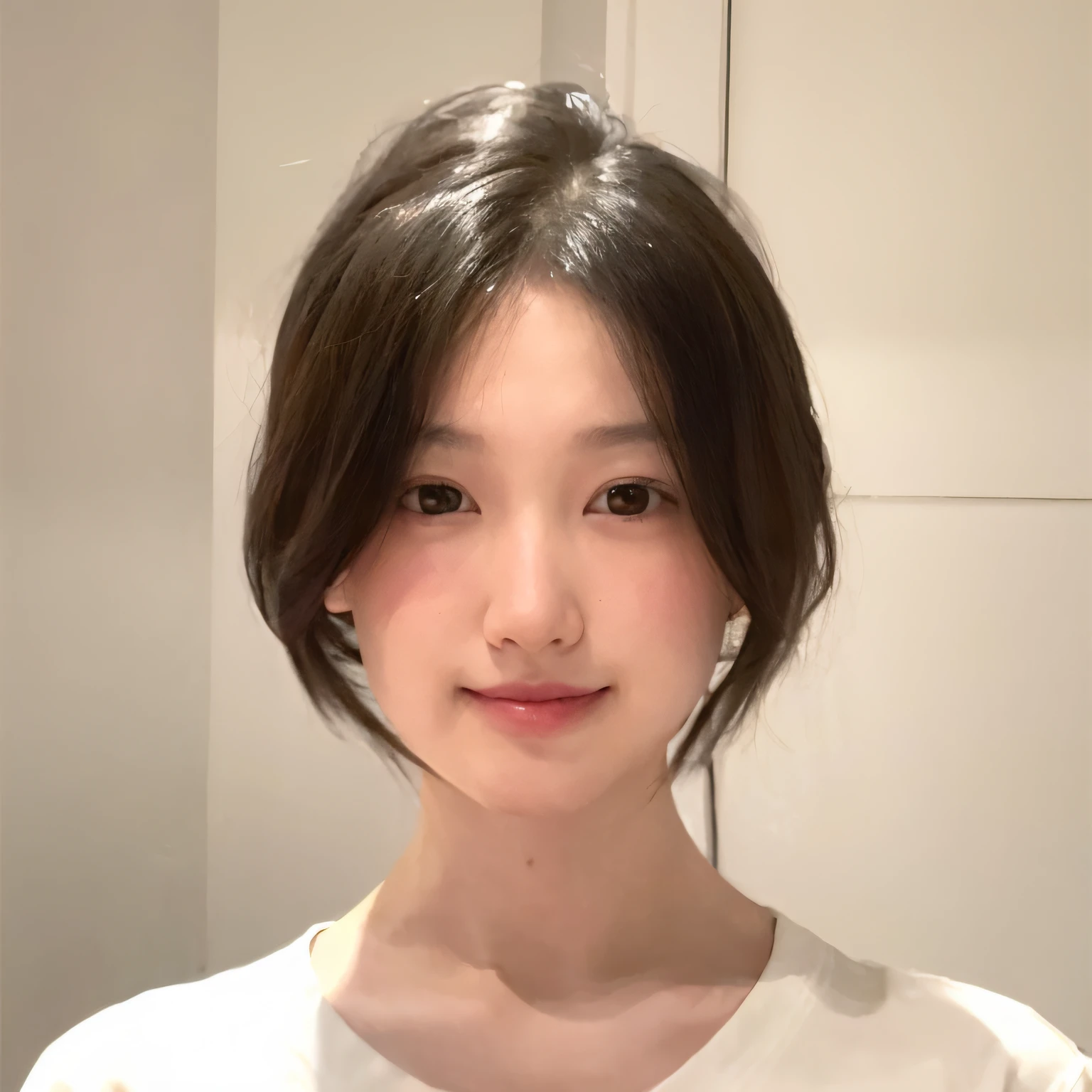 There was a woman in a white shirt and a white shirt, with short hair, jaeyeon nam, chiho, young lovely Korean faces, Choi Hyun-hwa, 19-year-old girl, hime-cut, Yoshitomo Nara, Korean symmetrical face, clear cute face, 8k selfie photograph