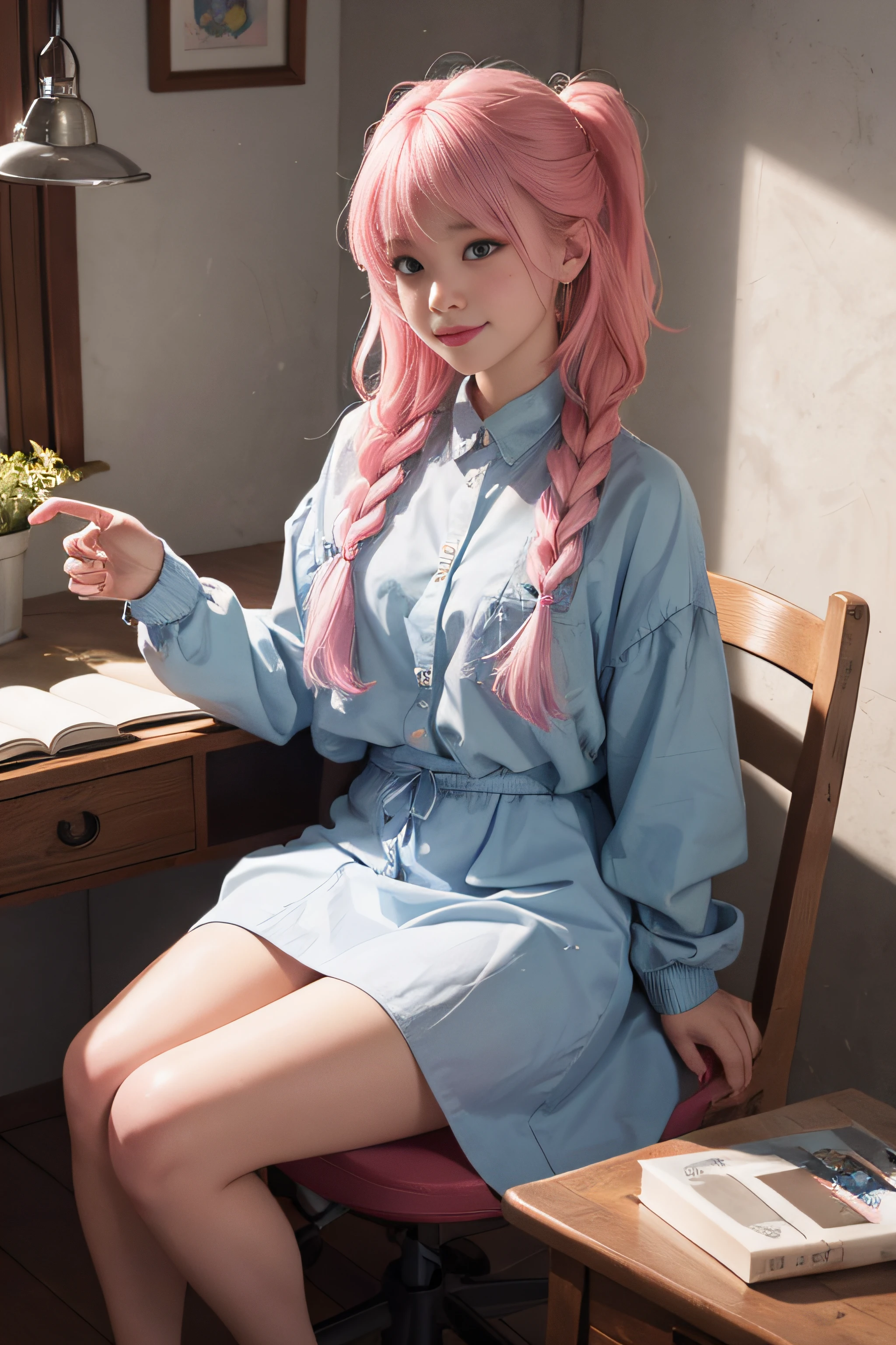 tmasterpiece,Need,1girl,A high resolution,hoang lap,full bodyesbian,(ultradetailed:1.1025),(illustratio:1.1025),(infography:1.1025),Qi bangs,Pick dyeing,Pink blue braid,A half body,adolable,ssmile@G1XAWW,