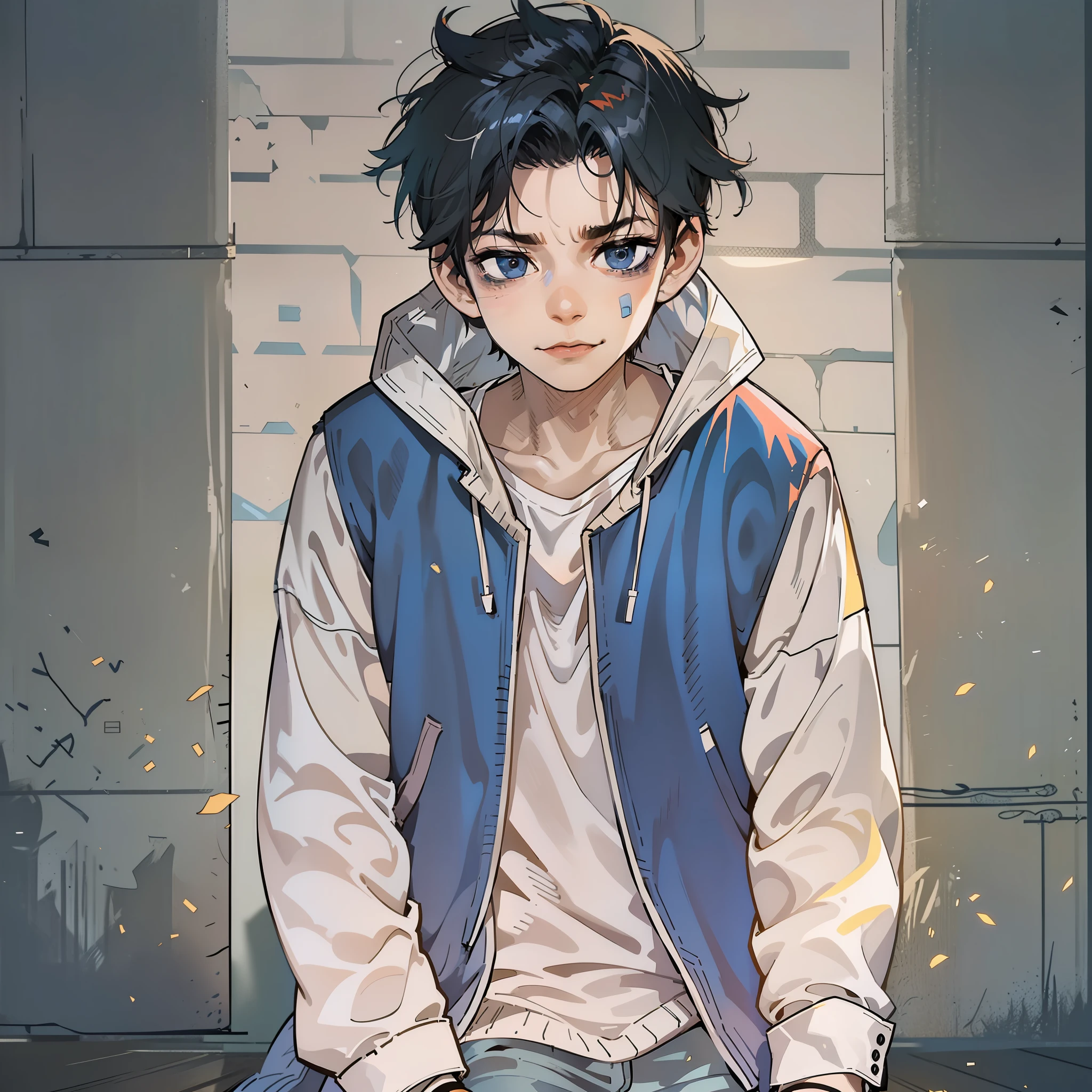 a sketch of an anime boy, black wavy hair, blue eyes, printed graphic sweater over white t-shirt, beige shirt, knee high socks, sneakers, standing behind a plain concrete wall, nighttime, soft and warm lighting, aesthetic vibe, ((1boy)), ((solo, one guy, solo photo, alone)), (confused face, smirk, eyebrow raised)