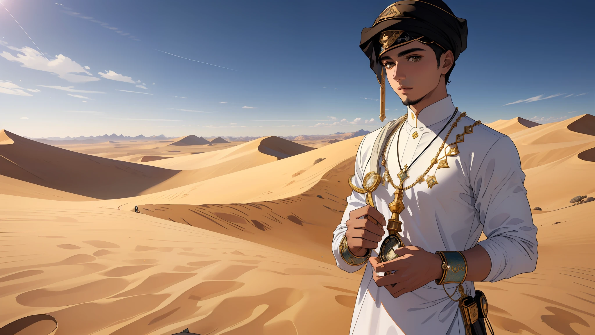 "(8k ultra-realistic) (detailed image) (masterpiece) (superb quality) (young man) (Amir) (wearing Islamic clothes) (holding a small compass tightly in calm of his hand) (detailed hands), (seeking guidance in desert)."