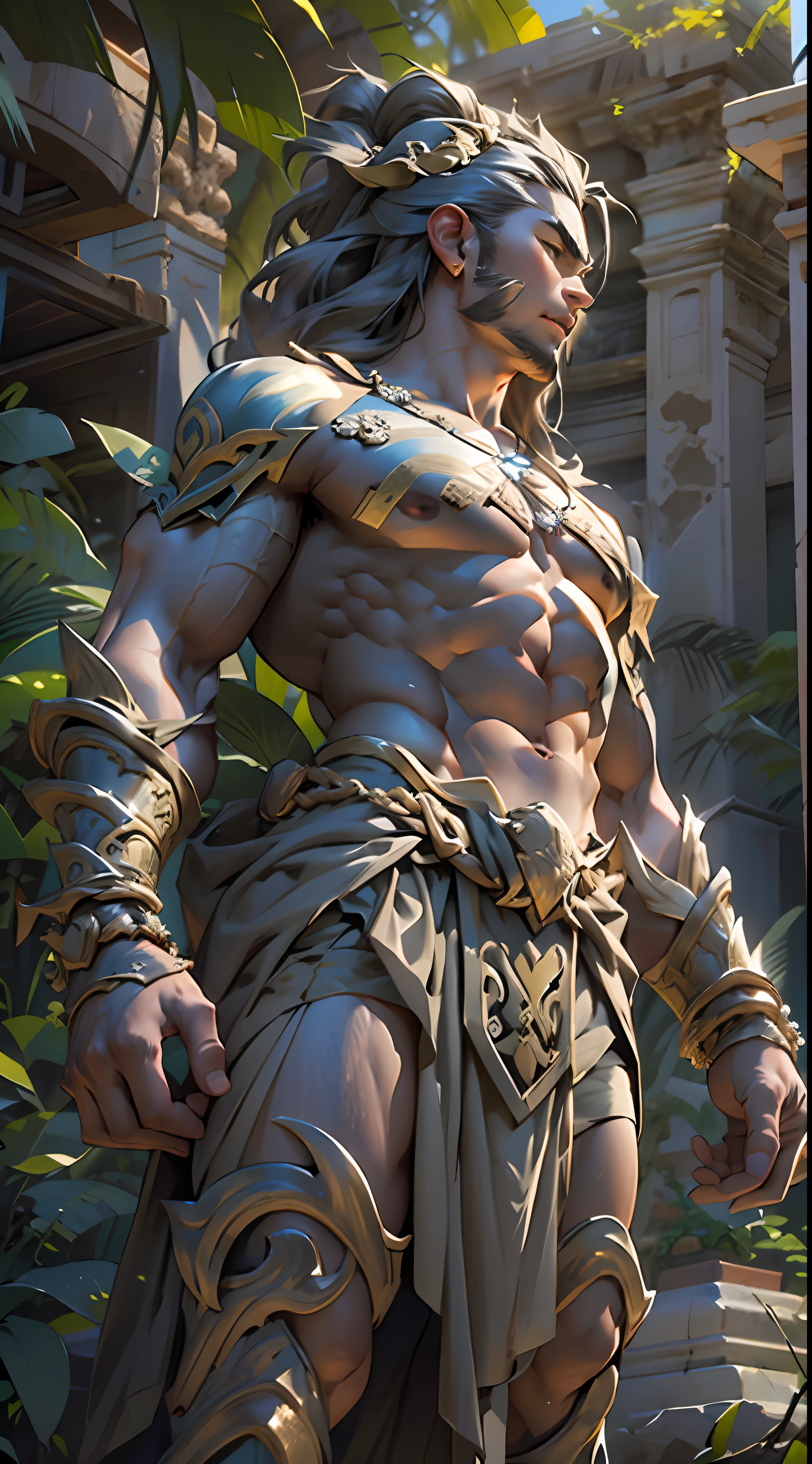 Sculpted warrior, exposed upper torso, legs bared from thighs to feet, flowing long curls, intricate muscular details, photorealistic depiction, 4K resolution. Background: Ancient temple ruins in a lush jungle,32k uhd, best quality, masterpiece, super detail, high details