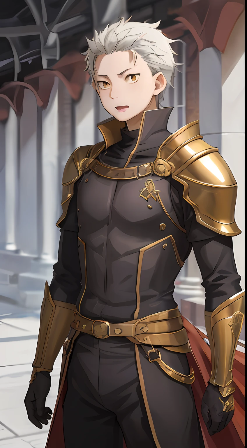 （1 Adult male），A high resolution， Sharp focus， Pixiv masterpiece， （（Complicated details））， highly  detailed， natsuki_subaru， 1 man， with her mouth open，drools，full bodyesbian， Golden eyes（eyes glowing）， with short white hair，Armour，cloaks，Shoulder armor，perspire，look from down