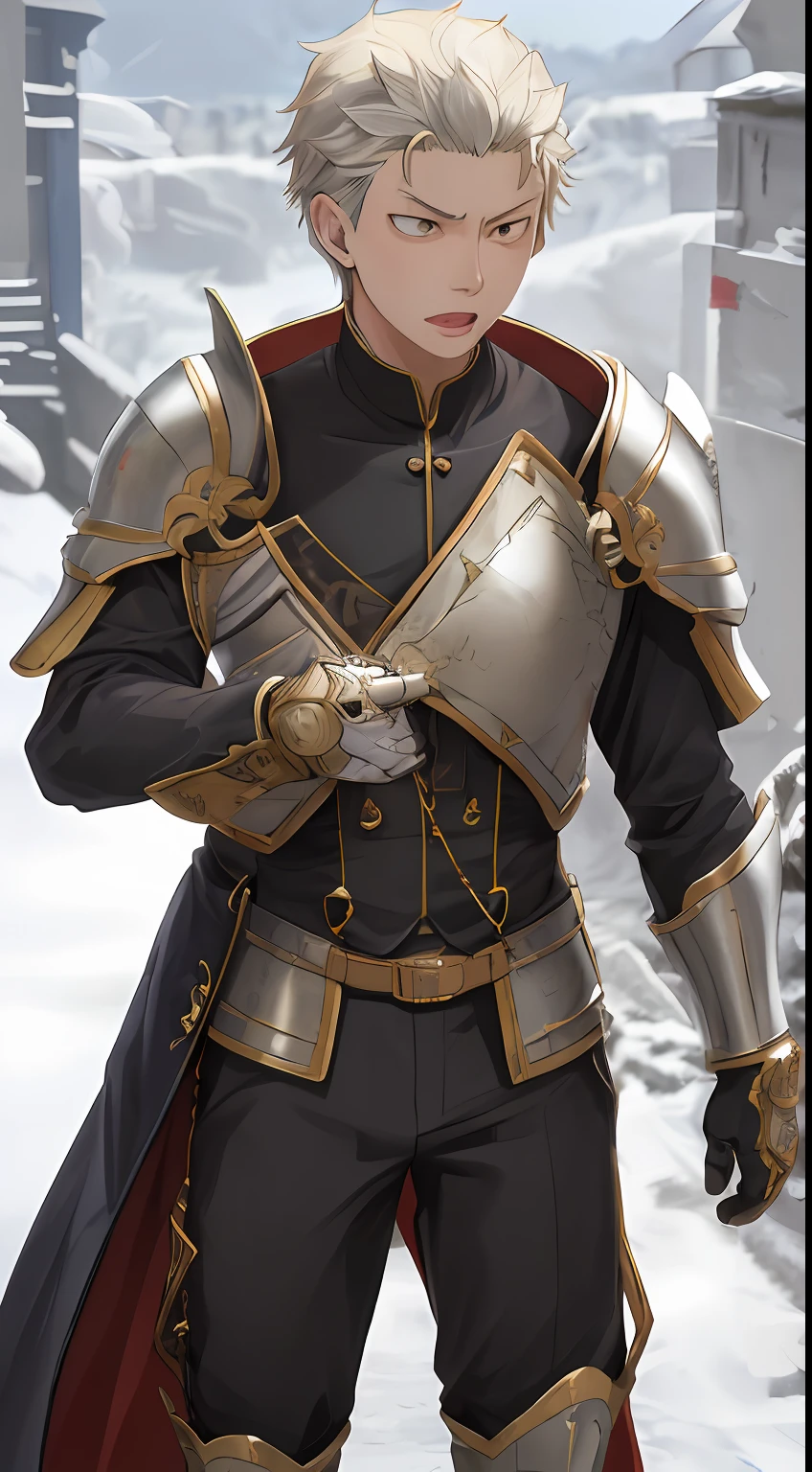 (1 Adult male),A high resolution, Sharp focus, Pixiv masterpiece, ((Complicated details)), highly detailed, natsuki_subaru, 1 man, with her mouth open,drools,full bodyesbian, Golden eyes(eyes glowing), with short white hair,Armour,cloaks,Shoulder armor,perspire,look from down