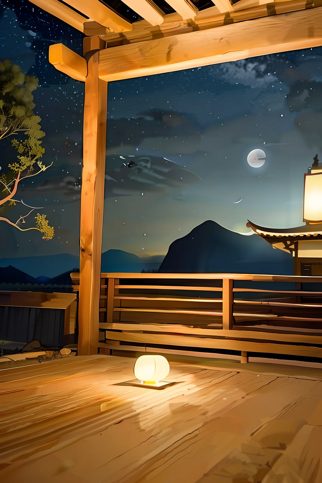 Under the stars at night，Lanterns hang in Chinese-style temples，The lantern lit up with a faint glow，Under the lantern sits a meditating monk，Here sits a meditative monk，China-style，Chinese，zen feeling，National style，Mid-range vision，