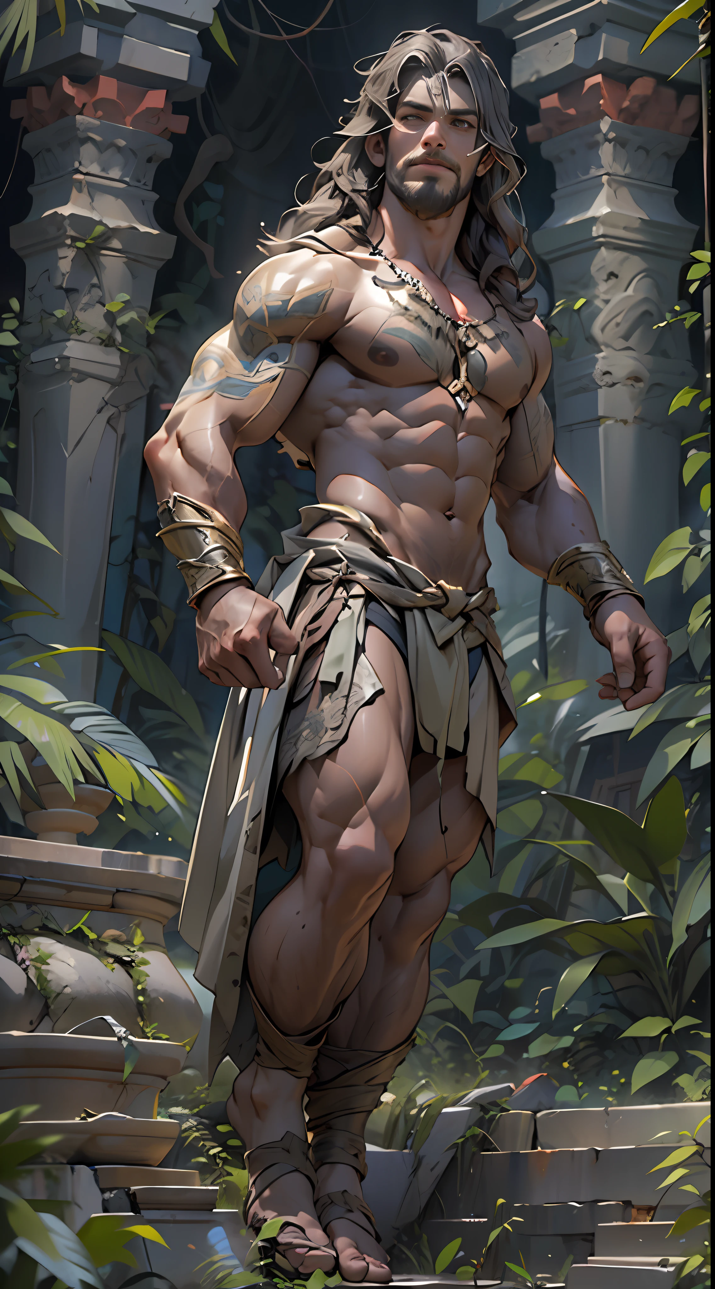 Sculpted warrior, exposed upper torso, legs bared from thighs to feet, flowing long curls, intricate muscular details, photorealistic depiction, 4K resolution. Background: Ancient temple ruins in a lush jungle,32k uhd, best quality, masterpiece, super detail, high details