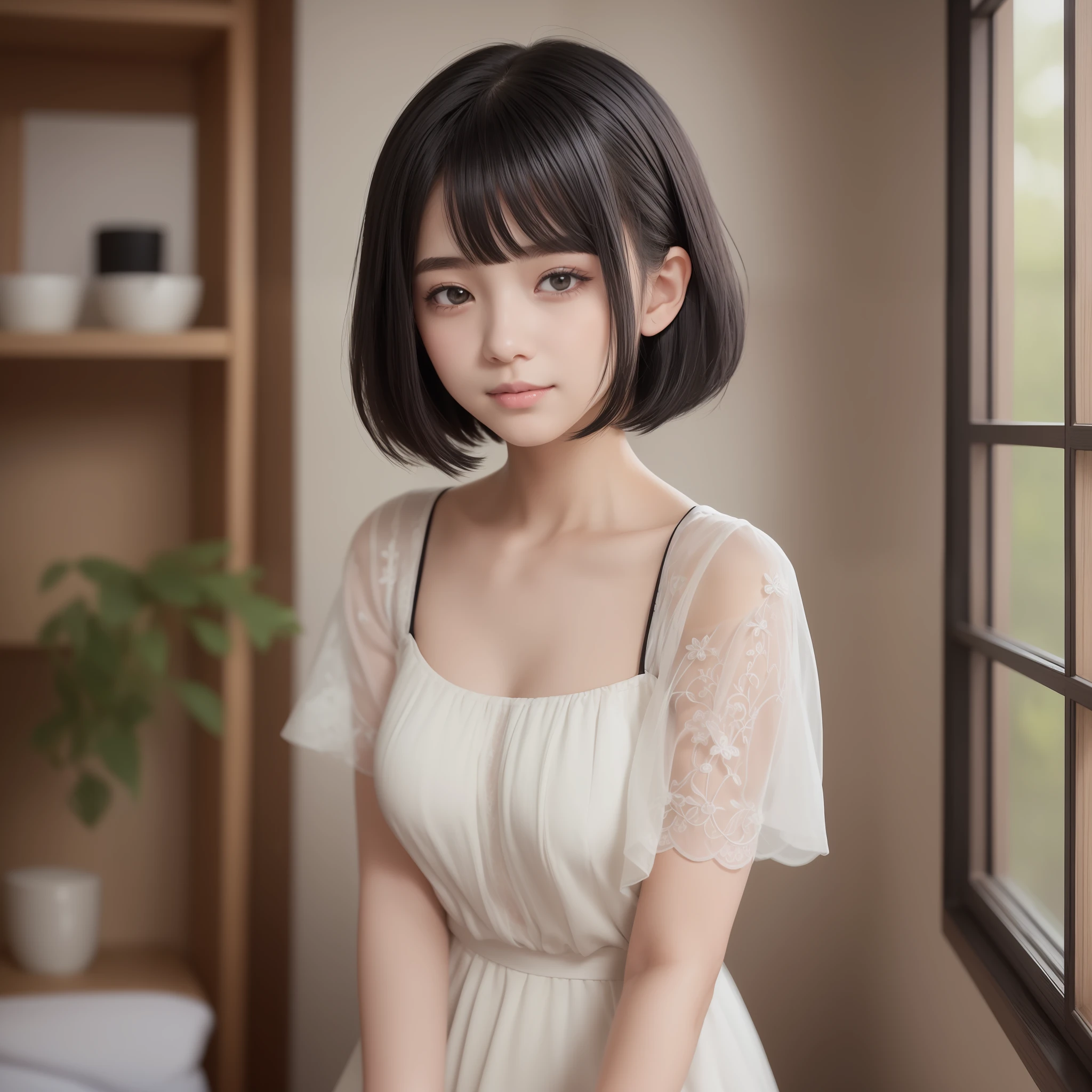 Image of beautiful teenage girl with top quality CG illustration。In high resolution、Beautiful fine details、tranquil atmosphere。(((Black Hair Bob Hair)))、Cute smile with mouth closed。Girl in white light short sleeve dress standing in room。