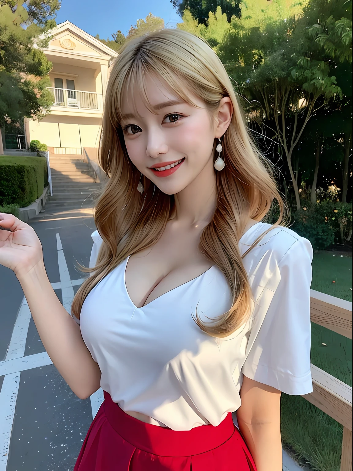 top-quality、​masterpiece、超A high resolution、(Photorealsitic:1.4)、Raw foto、1 girl in、a blond、full body Esbian、cleavage of the breast、erotick、Erotic look、gargantilha、二重まぶた、Loose and fluffy perm、semi long hair、A smile、White Cutter Shirt、a red skirt、Opens mouth and laughs、Smooth light