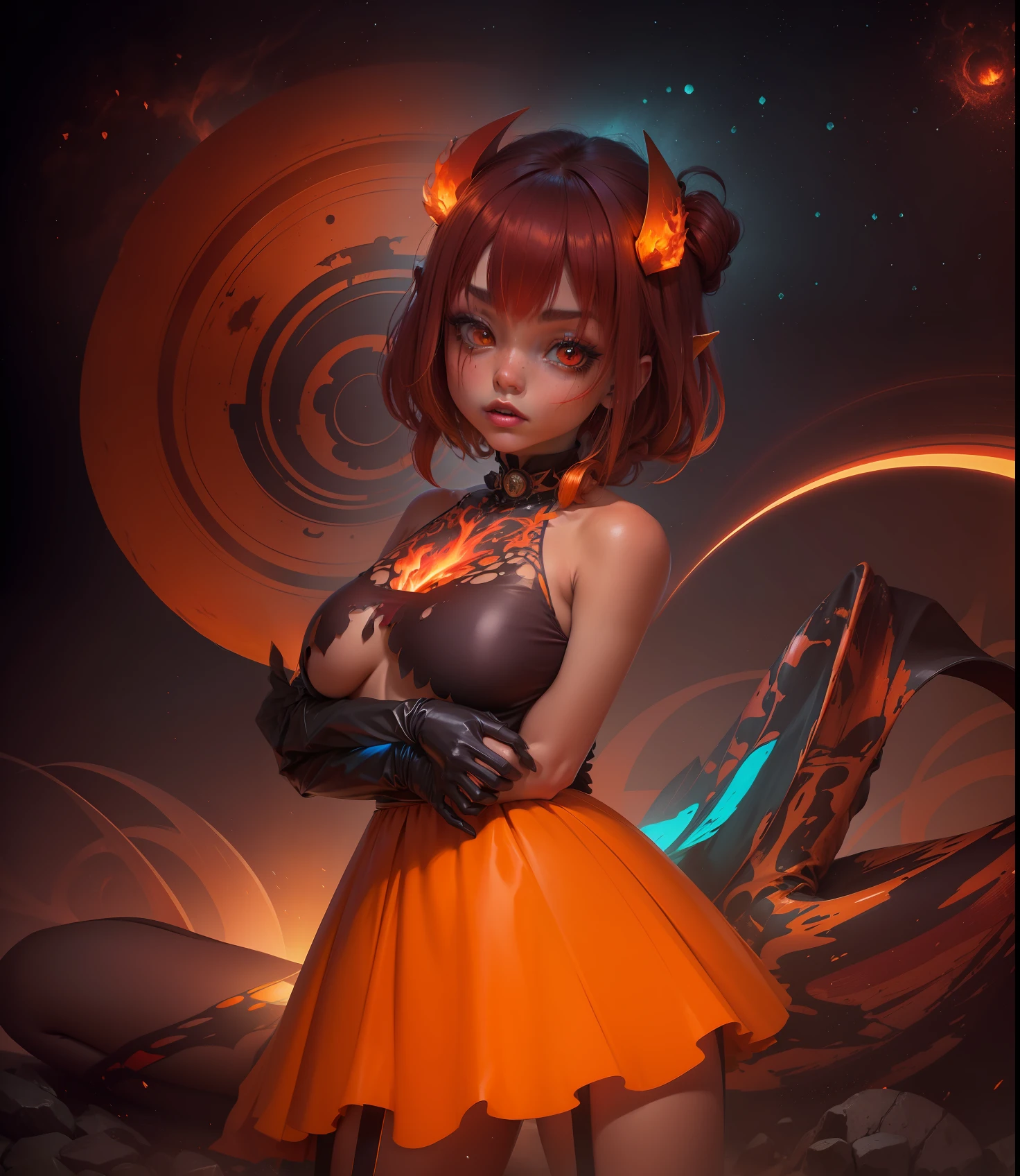 1 girl, sozinho, succubus, cabelos ruivos, franja de cabelo curto, , cores em chamas, blood red, Siena queimada, burgundy colors, burnt amber, cores de canela, cerulean blue color, laranja escuro, vermelho escuro, rosa escuro, cores rosa escuro, cores escuras e vibrantes, cores flamejantes, cor escarlate, laranja neon, Cor da tangerina, crustpunk, brilho da lava, arte realista, fotografia headshot, fechar para cima, goth makeup, Roupa poppunk, --niji --q 0.25