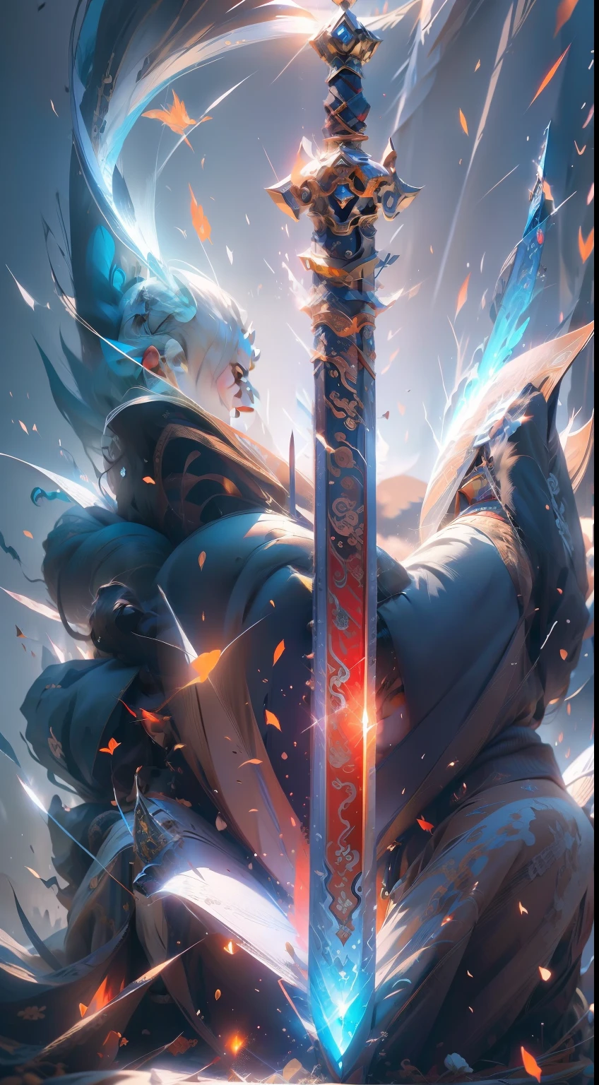 Ancient Chinese Excalibur,(((The sword body is wrapped in a blue particle effect:1.3))),Sharp sword body,(The sword body is symmetrically decorated:1.3),The tip of the dangling sword is downward,(Excalibur's entire body is centered:1.3),Mid-range close-up,(Overall silhouette:1.3),Fantastic ancient Chinese landscape,Ultra photo realsisim,super-fine,8K premium wallpaper,Highest image quality,Master masterpieces