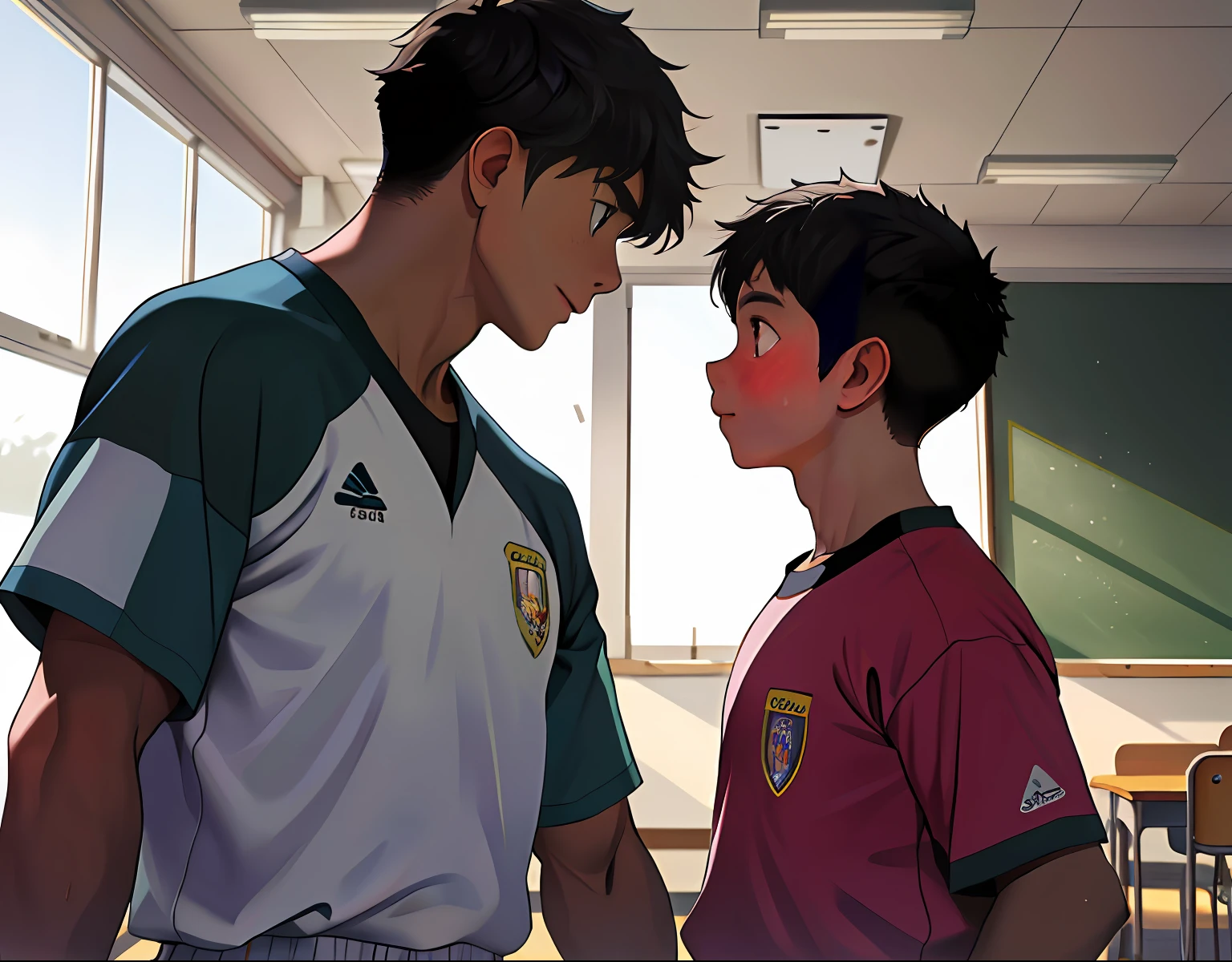 2children from   , Parlero, dentro, (obra maestra, La mejor calidad, absurdos ), escuela,Classroom two shirtless kids are in school have sweatpants looking into each other's eyes sadly are in the sports room