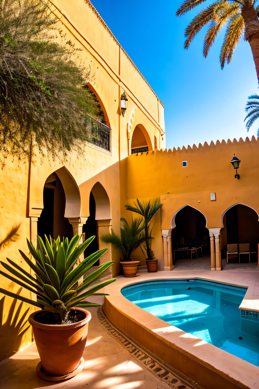 (Riad) (riad pool), Ouzoud waterfall, ouarzazate, Tastir tile fountain, moroccan candle holders, safi pottery, palm trees, ((glowing desert flowers)), fantasy, clear, Cinematic RAW photo, hyper real photo, ultrarealistic, 8k uhd, dslr, soft lighting, high quality, film grain, Fujifilm XT3, photographed on a Kodak Retina II Sanyo Xacti VPC-CA6, 50mm lens, Wide Angle, HDR, hyper-realistic, colorgraded, volumetric lighting, [volumetric fog, moist], shallow depth of field, reflections, photo, (sparkling) splashing rainbows, glistening, (iridescent), glimmering, crystals, mystical, enchanting, glittering, Morocco, exotic, (masterpiece) (best quality) (detailed) (8k) (HDR) (wallpaper) (cinematic lighting) (sharp focus) (intricate), sunrays, sunshine, Amazigh, Moroccan lamps