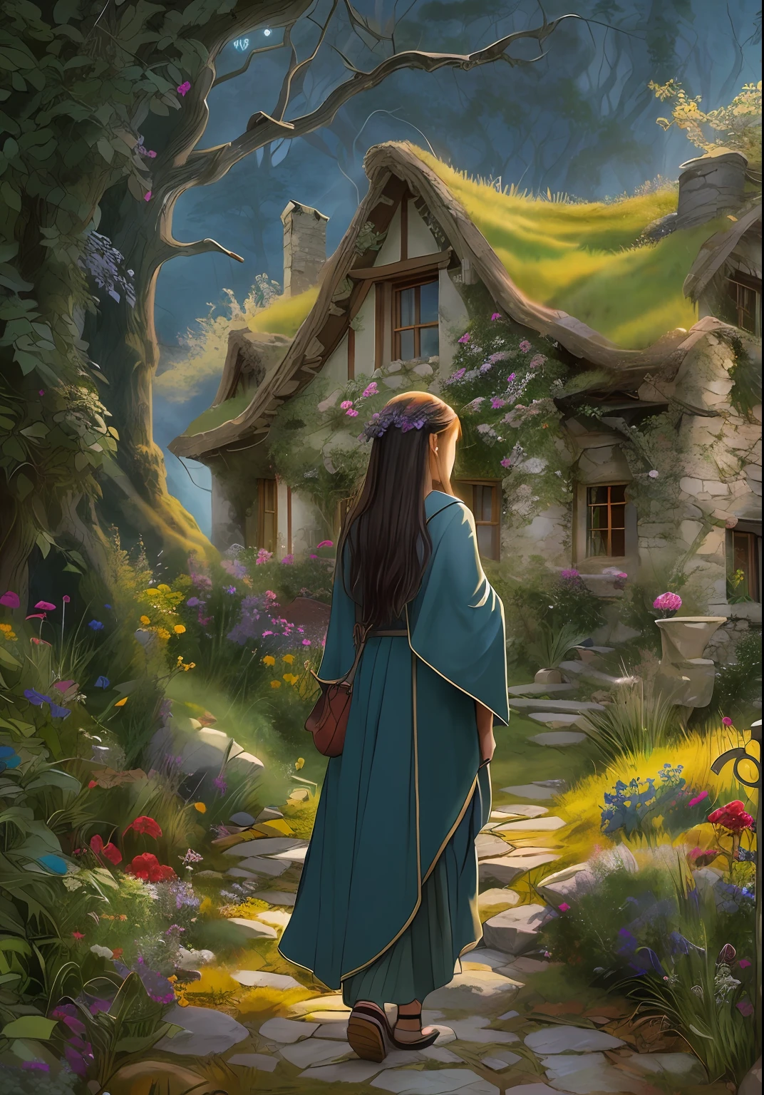 realisti, real life, The ruined Hobbit Manor on the Hill, A house entwined with dried vines, Laurie Giesli style, Studio Ghibli, Akira Toriyama, James Gillard, Influence of Genshin, Trending Pixiv Fanbox, acrylic palette knife, 4k, bright colours, devinart, Trends at the art station, Woman on the doorstep of the house, Detailed image of a woman, long dark hair, dressed in an old cloak,
