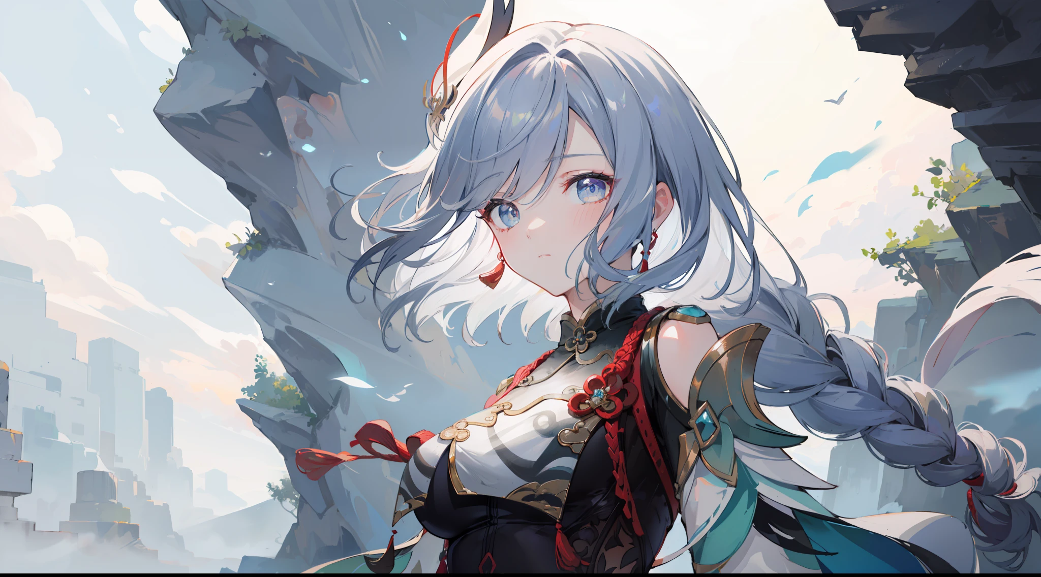 shenhedef, upper body, serious expression, blush, outdoors, night, liyue house background, dark moon sky, short hair, sky, beautiful nature surrounding near canyon, looking at viewer, mountain, moody lighting, (perfect detail eyes:1.2), glowing eyes, (long hair one braid:1.2),
(Masterpiece, Best Quality, High Quality:1.4), professional artwork, Intricate Details, field of view, sharp focus, detailed painting, photorealistic lighting, trending on pixiv, (vivid lighting, vibrant colors:1.05), realistic shadows, ambient occlusion,
