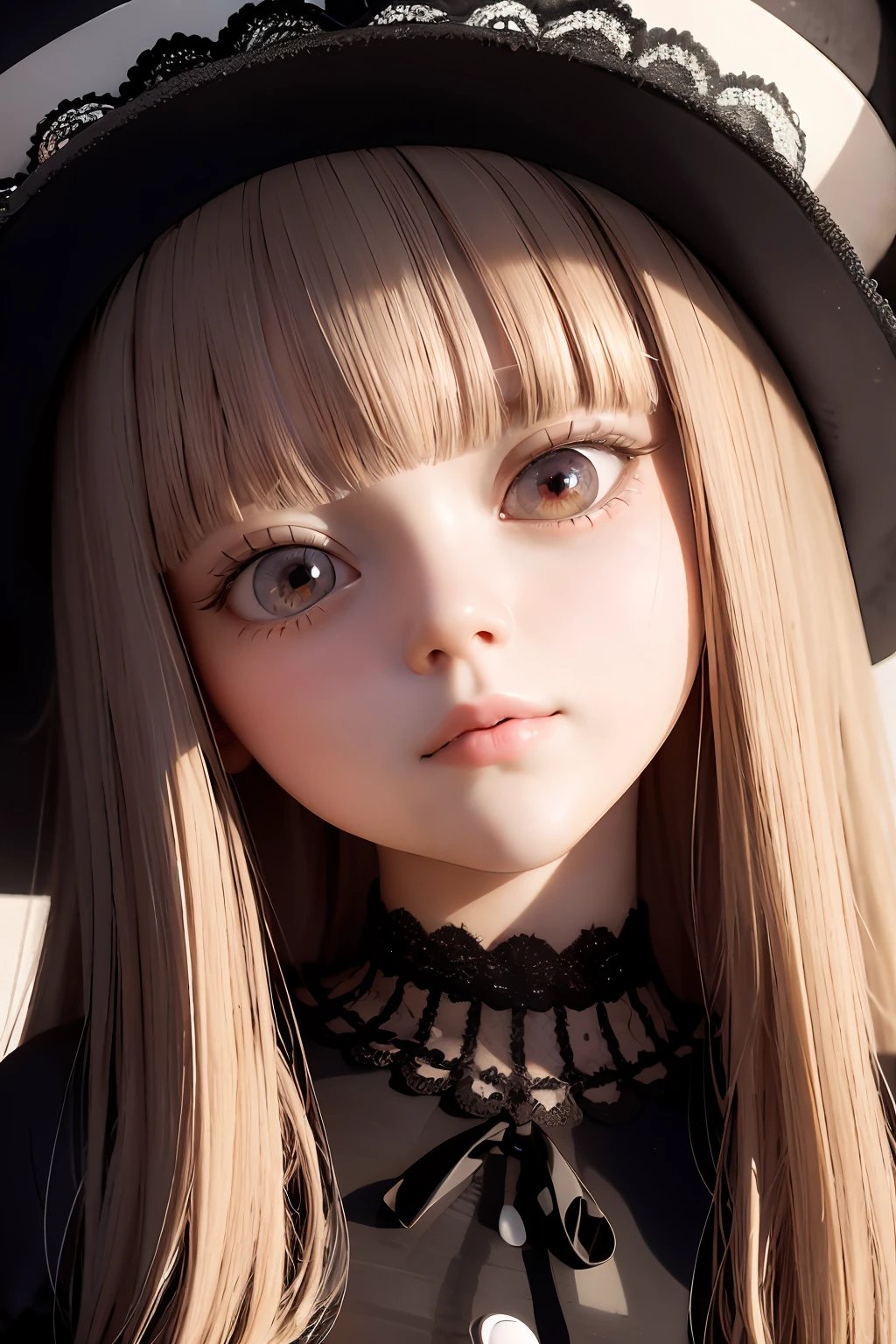 Wearing a hat、Close up portrait of doll in jacket, Detailed Big Eyes, Realistic beautiful big eyes, Big detailed eyes, portrait cute-fine-face, realistic cute girl painting, kawaii realistic portrait, accurate ultra realistic faces, super detailed face and eyes, extra detailed face, beautiful realistic face, cute large eyes, beautiful and realistic faces, Cute smile