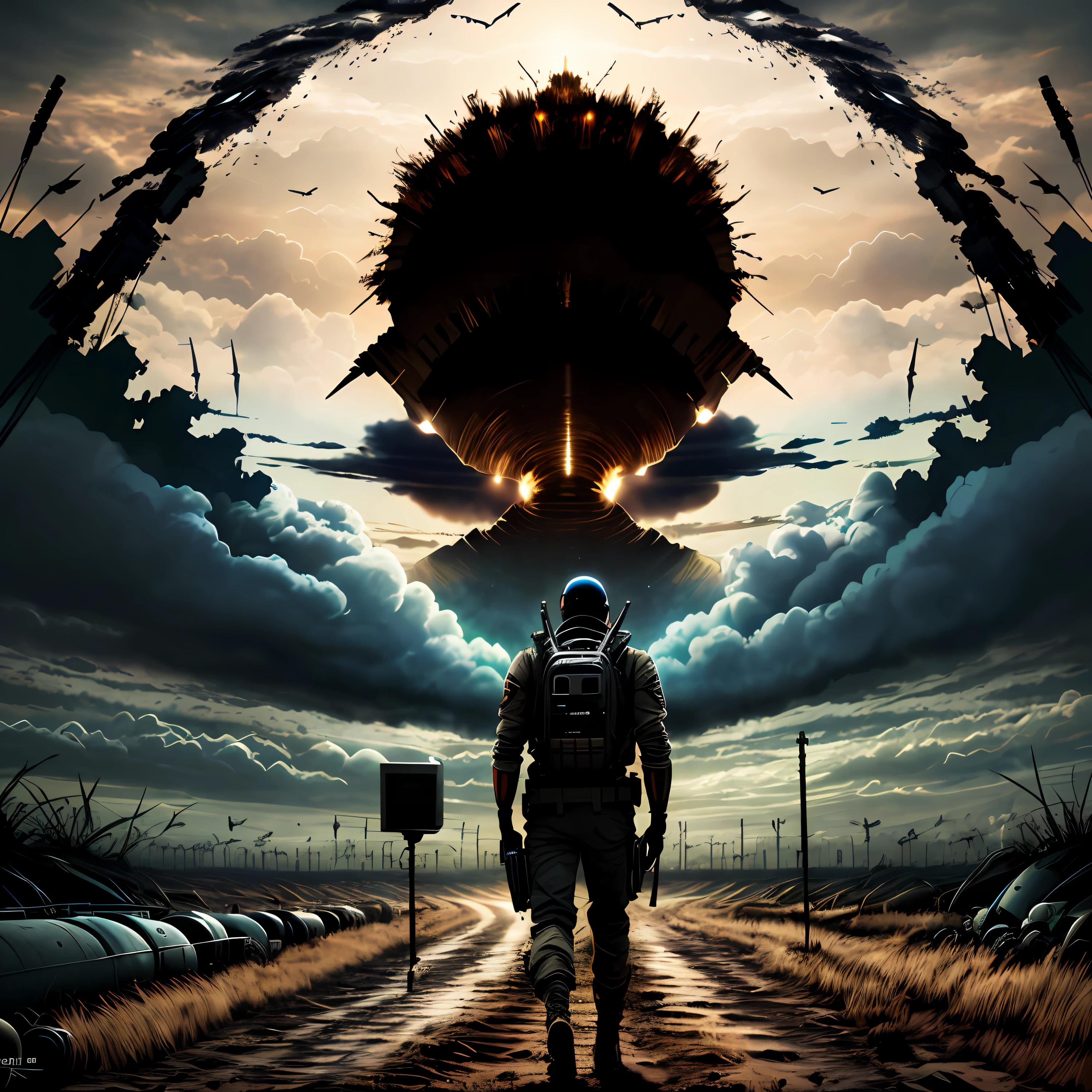 Image of a man standing in a field with a giant explosion in the background, arte do apocalipse!!!!, arte do apocalipse, , sci fi epic digital art, arte chave, apocalyptic art, ( apocalyptic ) 8 mil, arte do jogo de capa, apocalyptic 8 k, apocalyptic 8 k, Sci-Fi Digital Art Illustration, epic fantasy sci fi illustration
