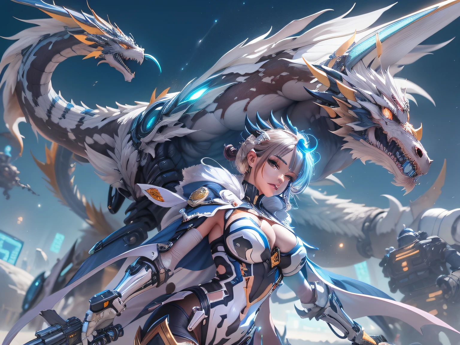 Highest image quality,Outstanding details,超高分辨率,(Fidelity:1.4), Favor the details,closeup cleavage,The background is a scene of cosmic celestial bodies,High-tech dragon knight mech,He has a delicate and beautiful face,((Blue-white flying semi-mechanical fuselage:1.8)),high-tech weapon,Raised sexy,frontage,cyber punk perssonage,Futuristic,mechanically aesthetic,Virtual Engine 5,Perfect detail rendering,rendering by octane,hyper HD
