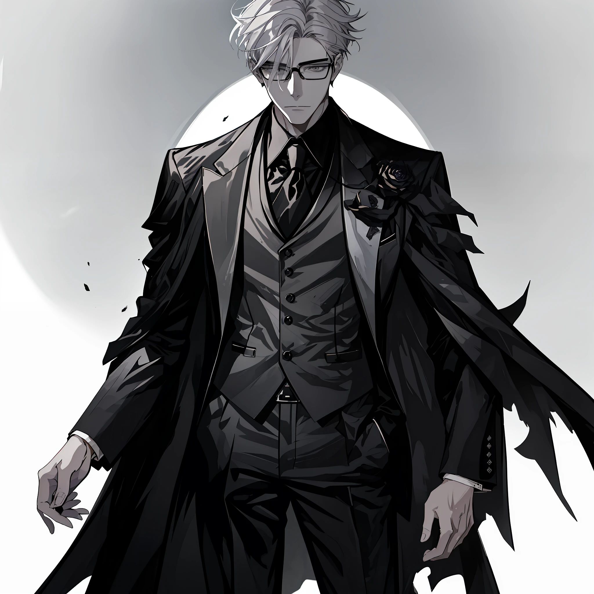 hyper-high detail,light grey hair,Black framed glasses men,Wearing a gorgeous black suit,Black leather shoes,black cloaths,Standing painting,darkly,Wear a gray shirt and tie,Handsome anime characters, official character illustration, quadratic element,