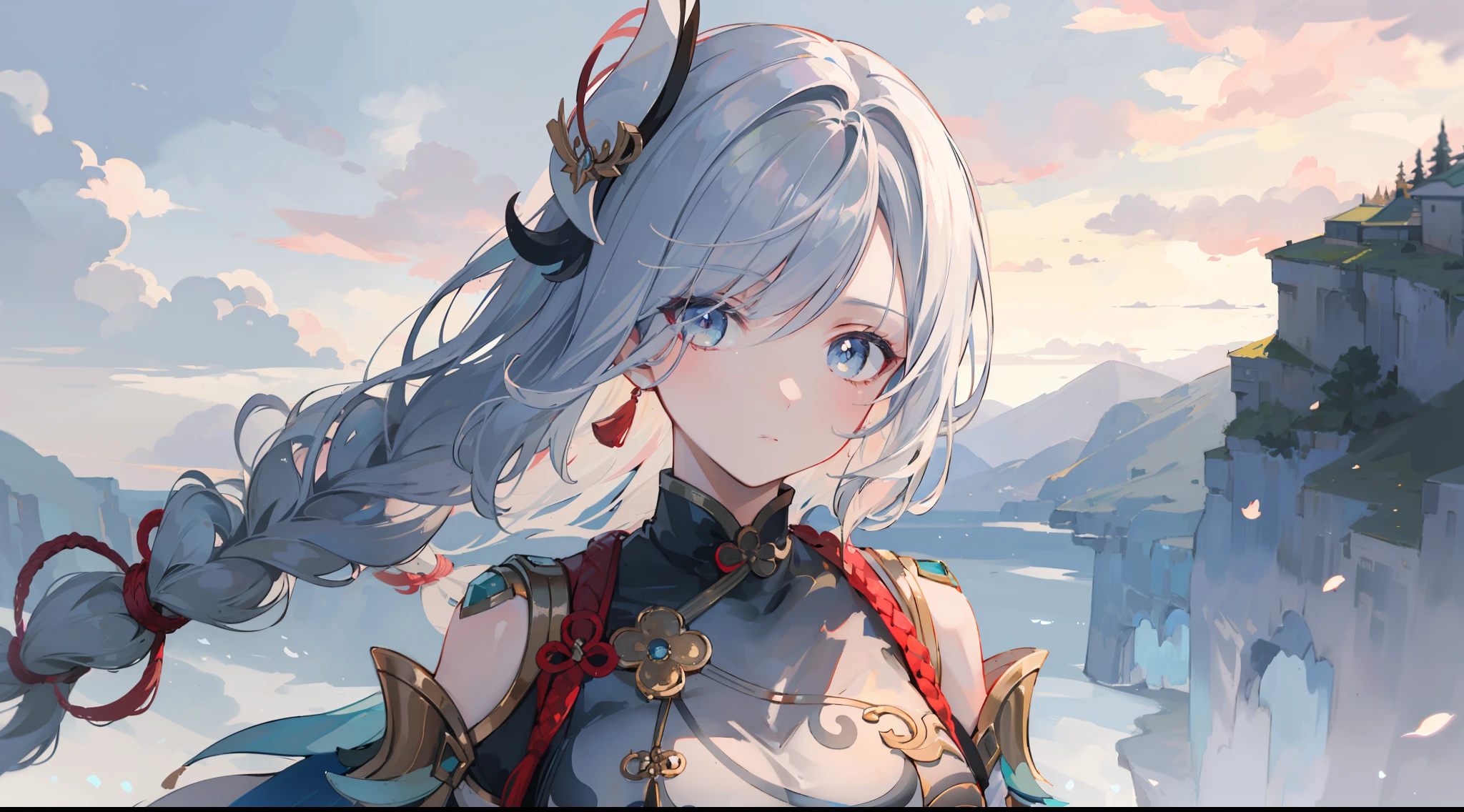 shenhedef, upper body, serious expression, blush, outdoors, night, liyue house background, dark moon sky, short hair, sky, beautiful nature surrounding near canyon, looking at viewer, mountain, moody lighting, (perfect detail eyes:1.2), glowing eyes, (long hair one braid:1.2),
(Masterpiece, Best Quality, High Quality:1.4), professional artwork, Intricate Details, field of view, sharp focus, detailed painting, photorealistic lighting, trending on pixiv, (vivid lighting, vibrant colors:1.05), realistic shadows, ambient occlusion,