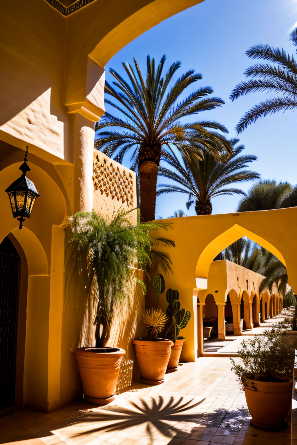 (Riad) (riad pool), Ouzoud waterfall, ouarzazate, Tastir tile fountain, moroccan candle holders, safi pottery, palm trees, ((glowing desert flowers)), fantasy, clear, Cinematic RAW photo, hyper real photo, ultrarealistic, 8k uhd, dslr, soft lighting, high quality, film grain, Fujifilm XT3, photographed on a Kodak Retina II Sanyo Xacti VPC-CA6, 50mm lens, Wide Angle, HDR, hyper-realistic, colorgraded, volumetric lighting, [volumetric fog, moist], shallow depth of field, reflections, photo, (sparkling) splashing rainbows, glistening, (iridescent), glimmering, crystals, mystical, enchanting, glittering, Morocco, exotic, (masterpiece) (best quality) (detailed) (8k) (HDR) (wallpaper) (cinematic lighting) (sharp focus) (intricate), sunrays, sunshine, Amazigh, Moroccan lamps