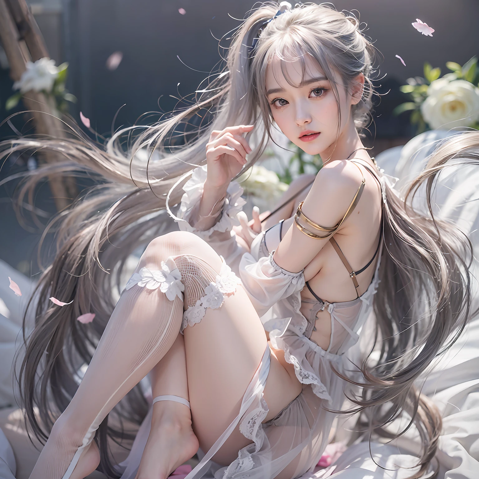 Scene portrait、Beautiful skins、Beautiful eyelashes、high-level image quality、The upper part of the body，Stockings on the thighs，(Lace transparent panties)，carismatic、Darker lighting、Silvery hair、Hair swaying in the wind、short  cut、Posterior hair、poneyTail、A slight smil、Show your whole body、all around 20 years old、Ren Hao、(8K、RAW photography、top-quality、tmasterpiece:1.2)、ultra - detailed、Hyper-Resolution、(hyper realisitc:1.4)