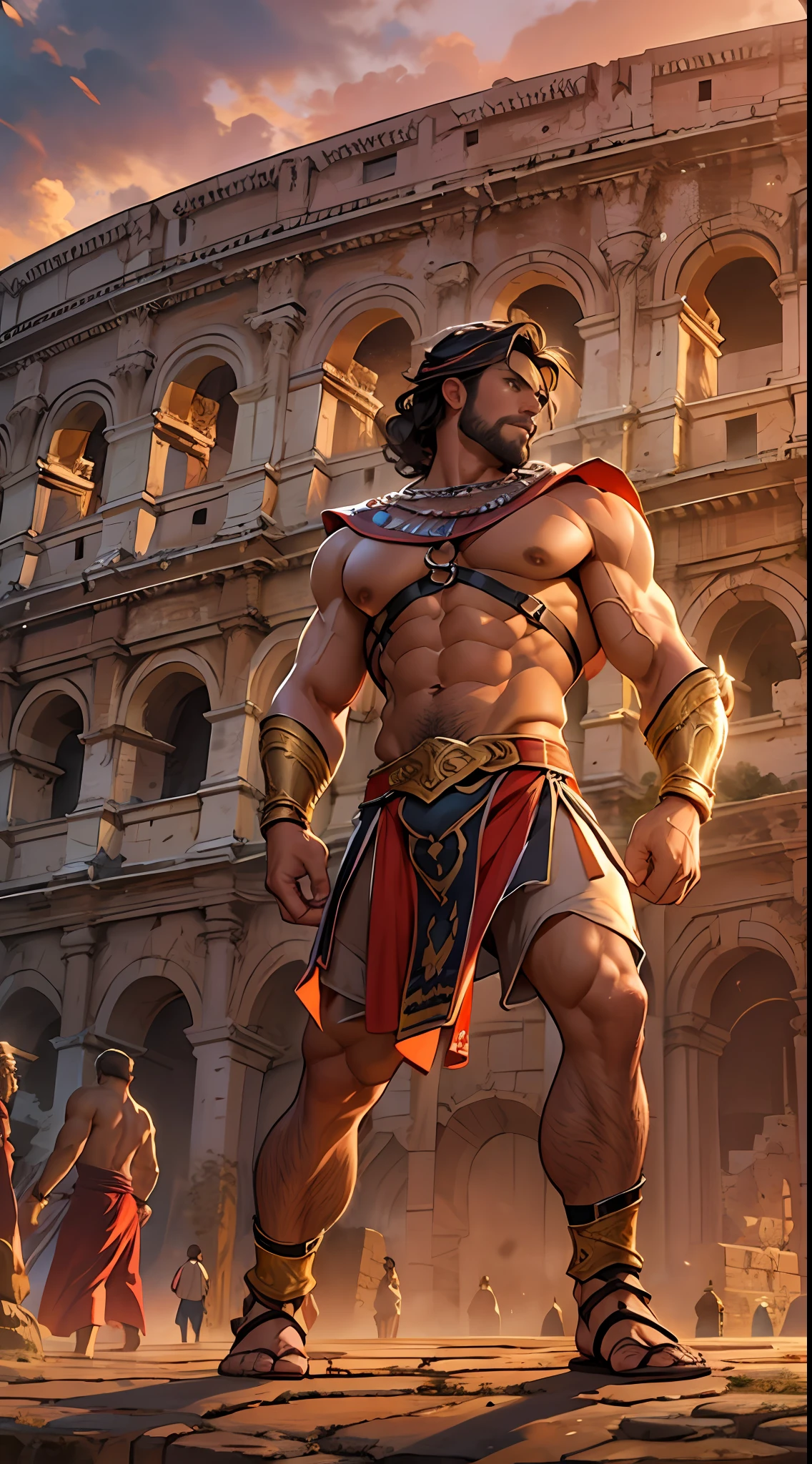 Mighty gladiator, chest uncovered, lower body revealed from thighs to feet, cascading long curls, detailed muscular physique, lifelike depiction, 4K resolution. Background: Colosseum during a spectacular sunset,32k uhd, best quality, masterpiece, super detail, high details