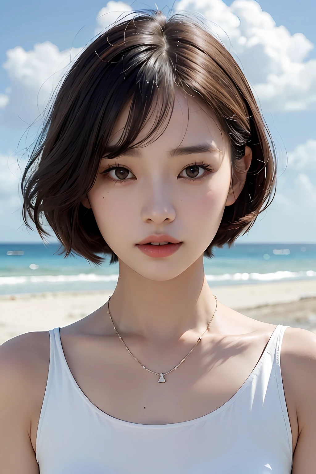 hightquality、​masterpiece、超A high resolution、((Asian beauty face))、Beautiful adult woman、Thin makeup、ssmile、Light brown short-cut hair、Small necklace、White sleeveless shirt、skin tanned、Cloudy seaside、Rough seas、cloudiness、strong breeze、black clouds、