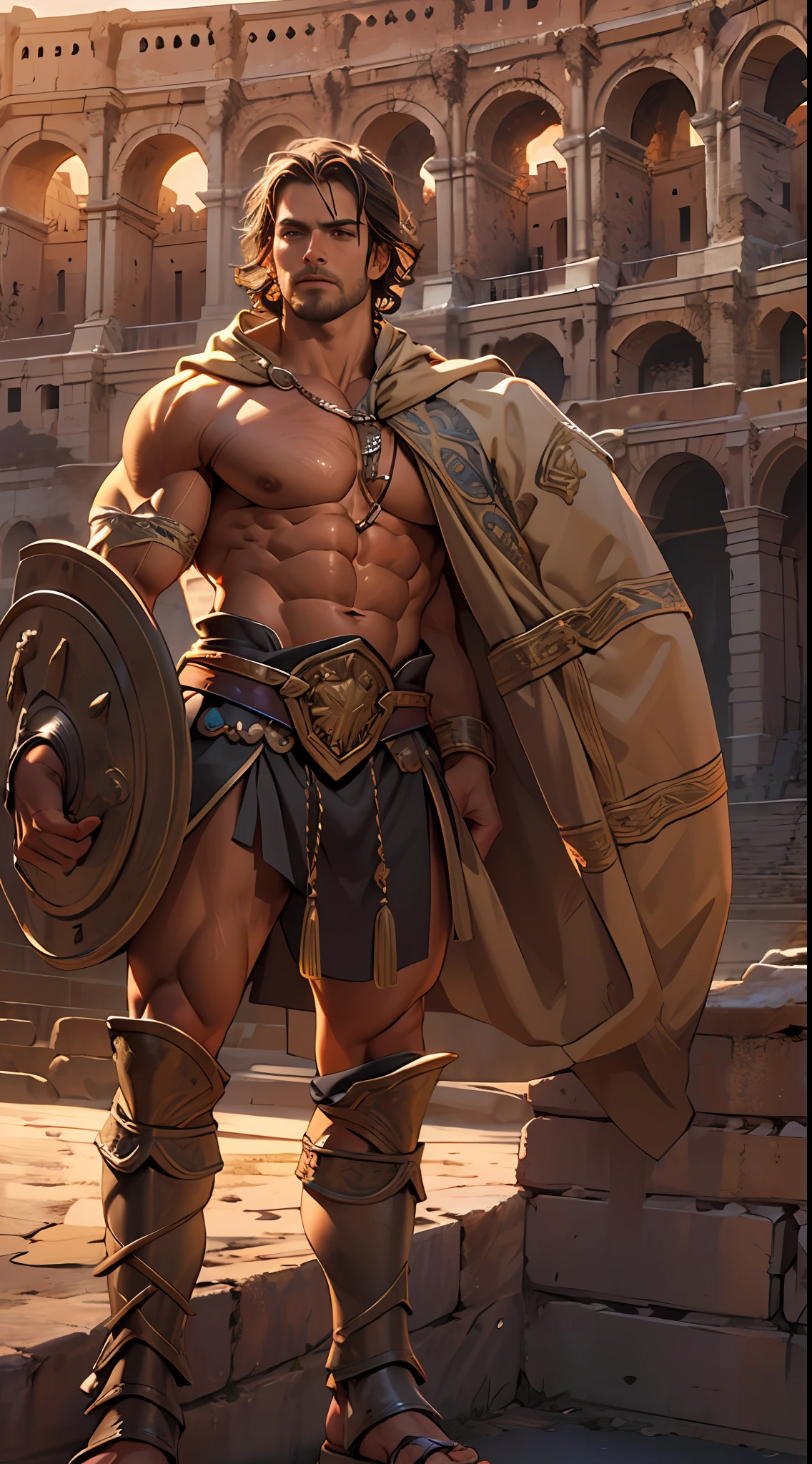 Mighty gladiator, chest uncovered, lower body revealed from thighs to feet, cascading long curls, detailed muscular physique, lifelike depiction, 4K resolution. Background: Colosseum during a spectacular sunset,32k uhd, best quality, masterpiece, super detail, high details