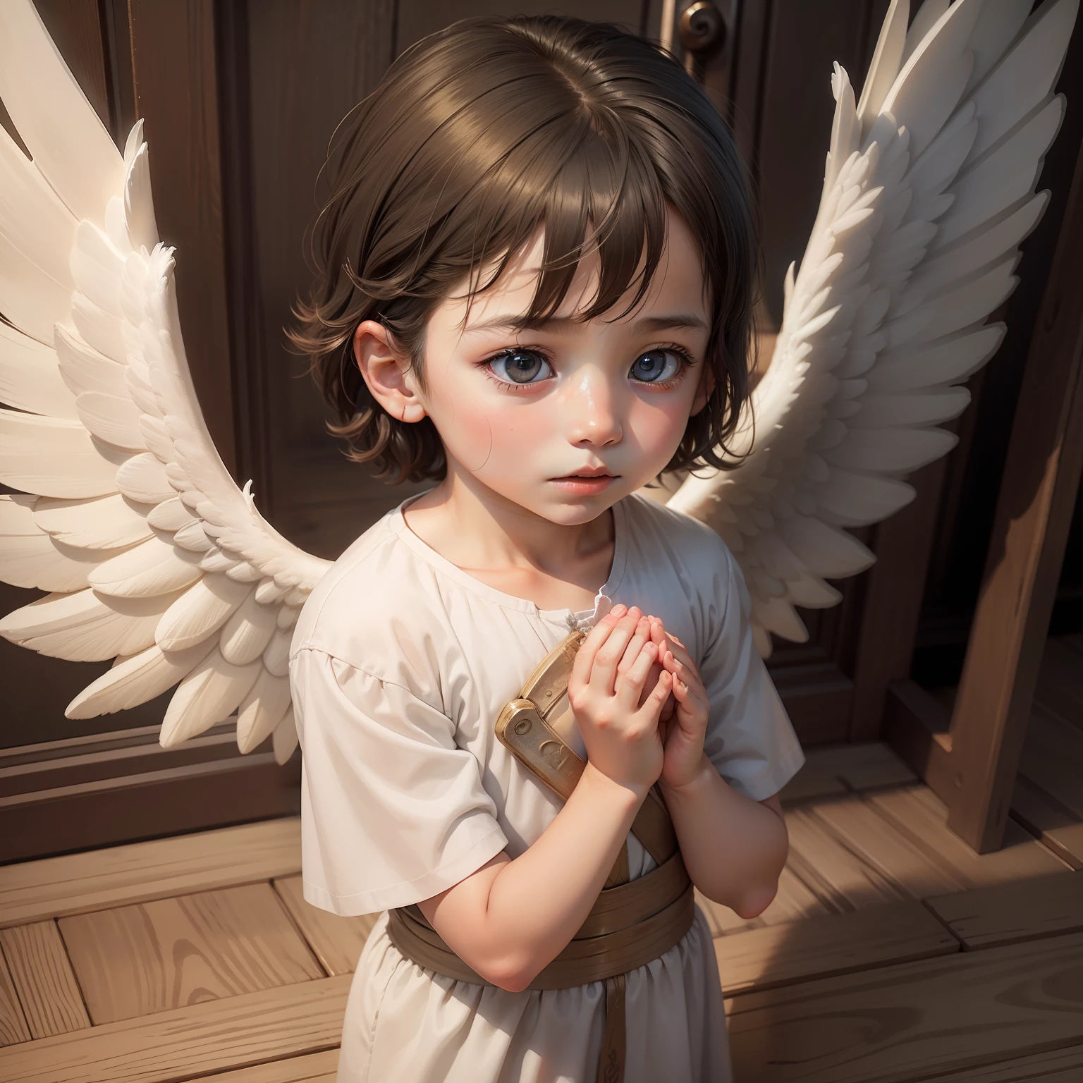 A child praying with his eyes open with angel wings