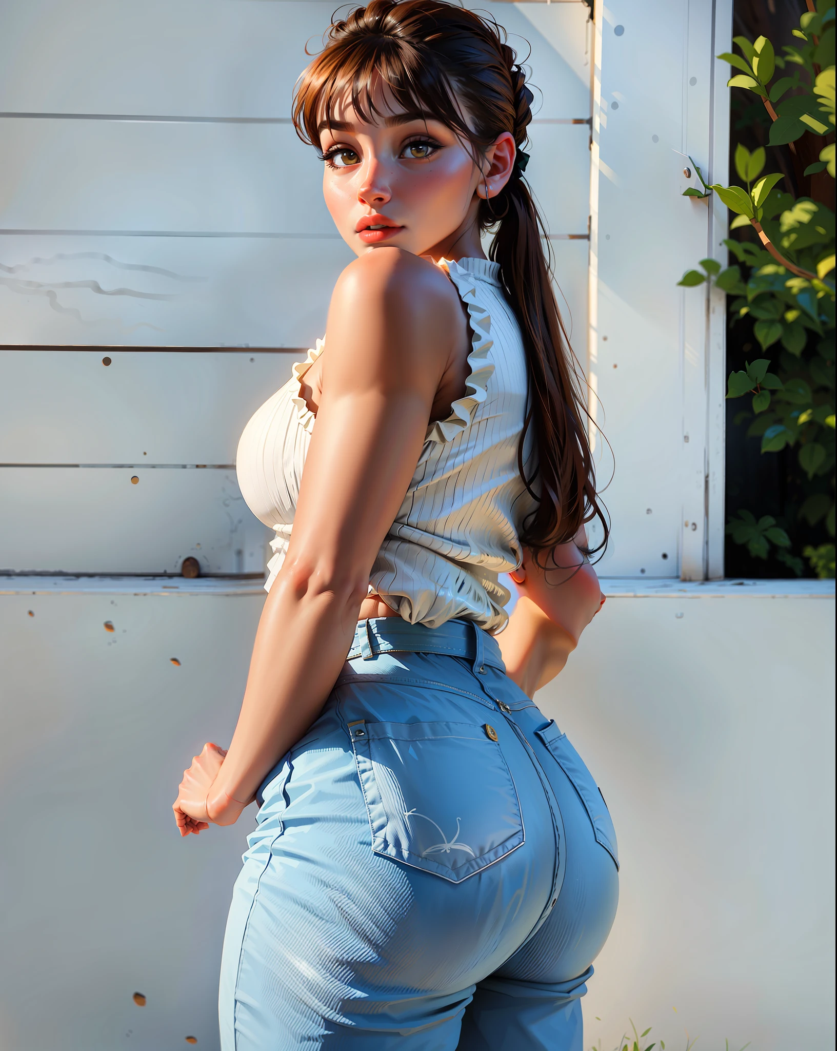 a hyper-realistic portrait of a young woman, in the middle of nature, 22 years old, realistic, (lying on her side), sexy, (huge breasts 2:1), short brown hair, (hair tied with bows), curved, SFW