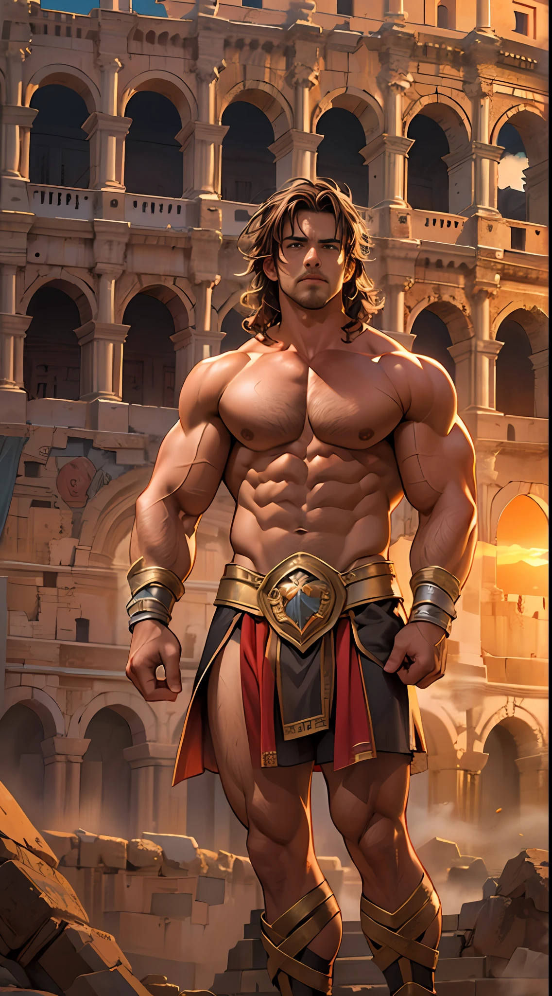 Mighty gladiator, chest uncovered, lower body revealed from thighs to feet, cascading long curls, detailed muscular physique, lifelike depiction, 4K resolution. Background: Colosseum during a spectacular sunset,32k uhd, best quality, masterpiece, super detail, high details