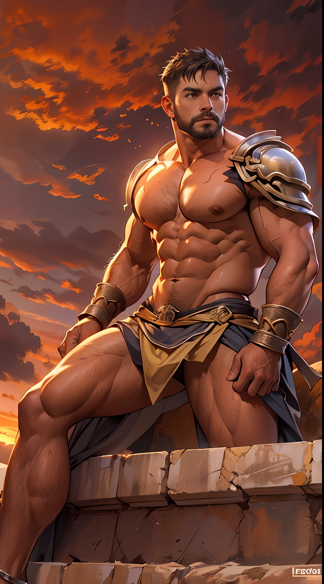 Mighty gladiator, chest uncovered, lower body revealed from thighs to feet, cascading long curls, detailed muscular physique, lifelike depiction, 4K resolution. Background: Colosseum during a spectacular sunset,32k uhd, best quality, masterpiece, super detail, high details