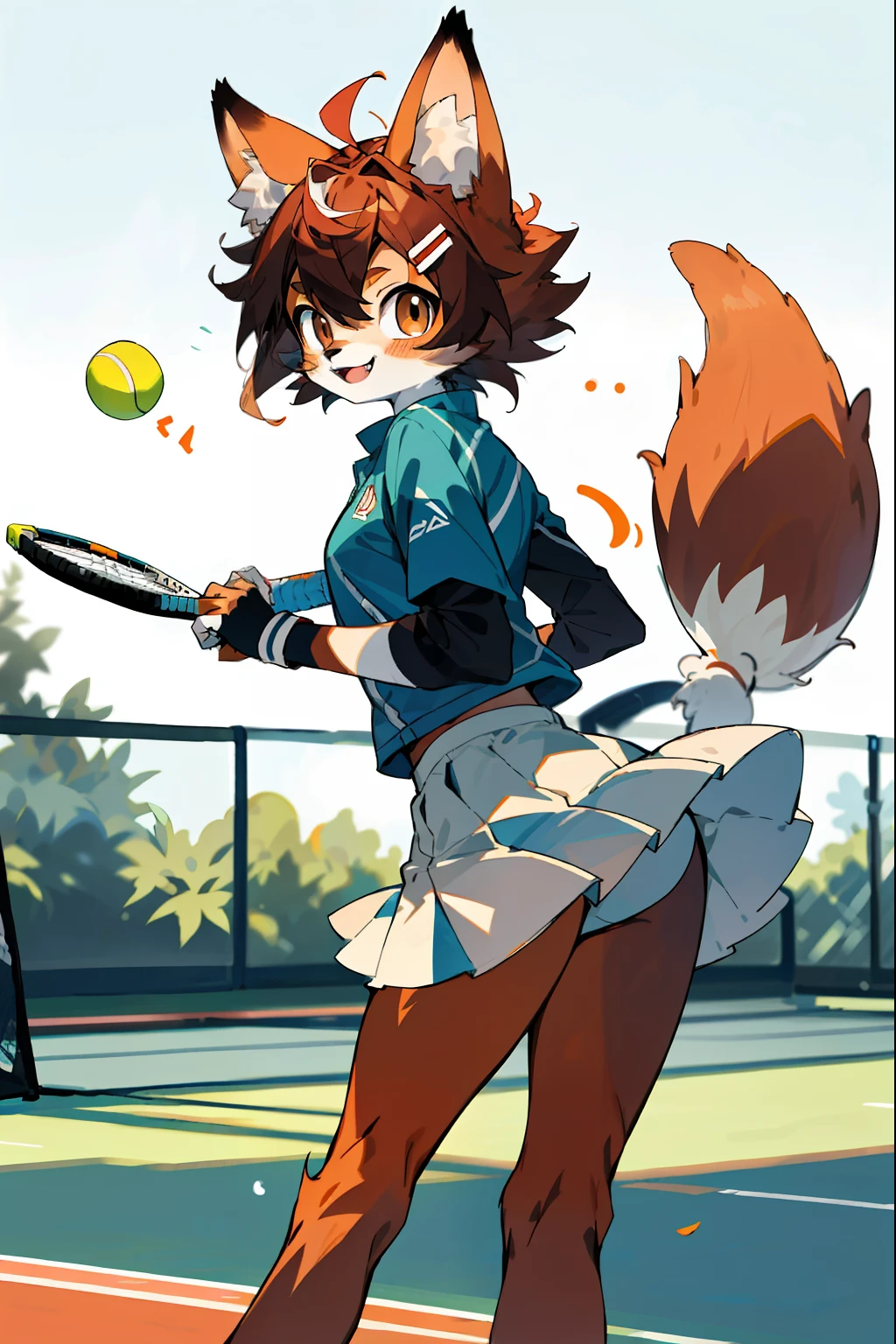 depth of fields,lighting perfect,light particules,(best qualtiy),(tmasterpiece),(ultra - detailed),cartoon image,a fox,Playing tennis,It wears a tennis suit,Sharp focus,light particules,niji,eyesgod,Blushlush,brown_eyes,looking_at_viewer,smile,solo,furry,animal_ear_fluff,On the tennis court,The short skirt was blown by the wind