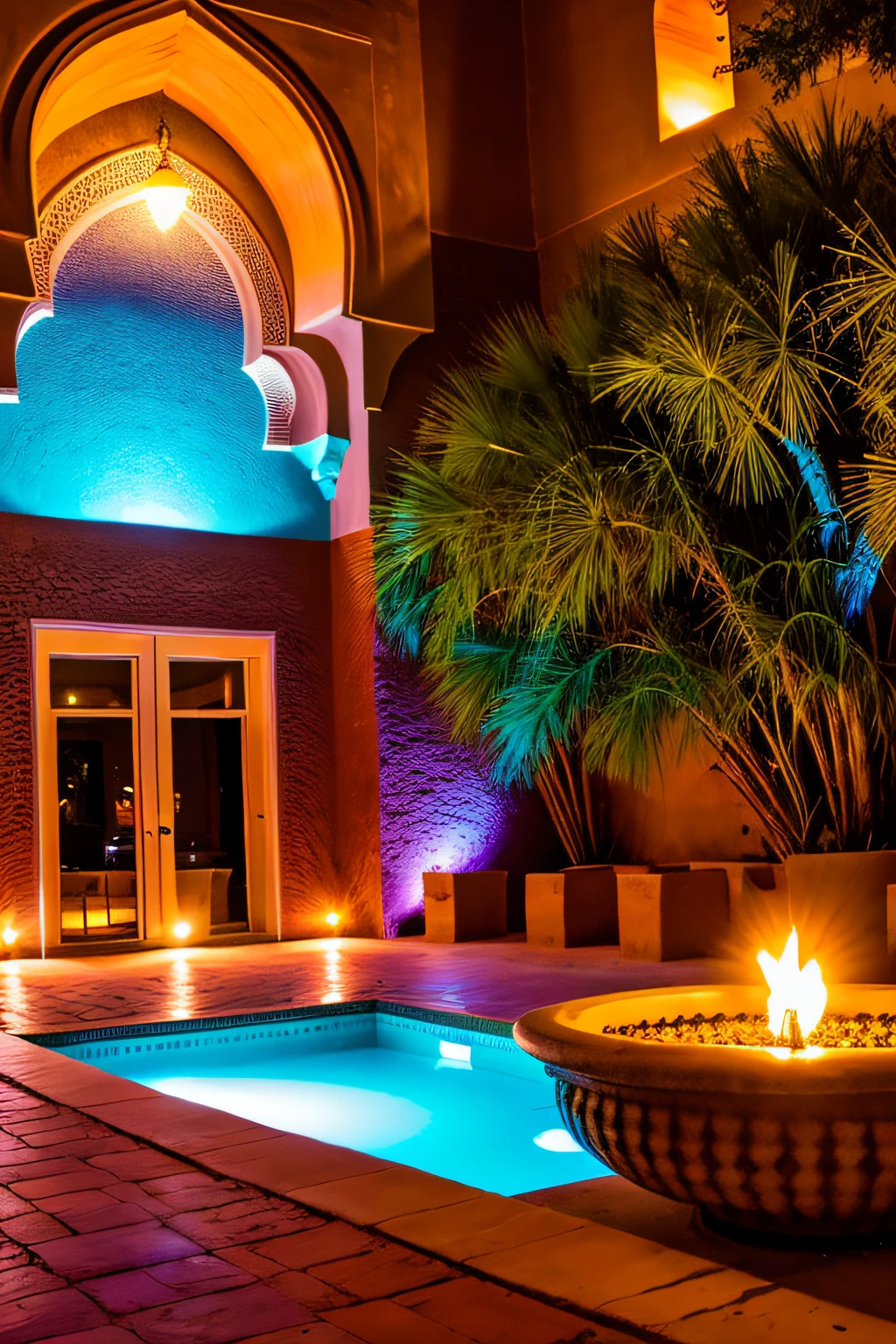 (Riad) (riad pool), Ouzoud waterfall, ouarzazate, Tastir tile fountain, moroccan candle holders, safi pottery, palm trees, opalescent, (Photoluminescence lights), gems, ((glowing desert flowers)), fantasy, clear, Cinematic RAW photo, hyper real photo, ultrarealistic, 8k uhd, dslr, soft lighting, high quality, film grain, Fujifilm XT3, photographed on a Kodak Retina II Sanyo Xacti VPC-CA6, 50mm lens, Wide Angle, HDR, hyper-realistic, colorgraded, volumetric lighting, [volumetric fog, moist], shallow depth of field, reflections, photo, (sparkling) splashing rainbows, glistening, (iridescent), glowing, rainbow, glimmering, crystals, ((secret treasure in it)), mystical, enchanting, glittering, Morocco, exotic, (masterpiece) (best quality) (detailed) (8k) (HDR) (wallpaper) (cinematic lighting) (sharp focus) (intricate), celestial