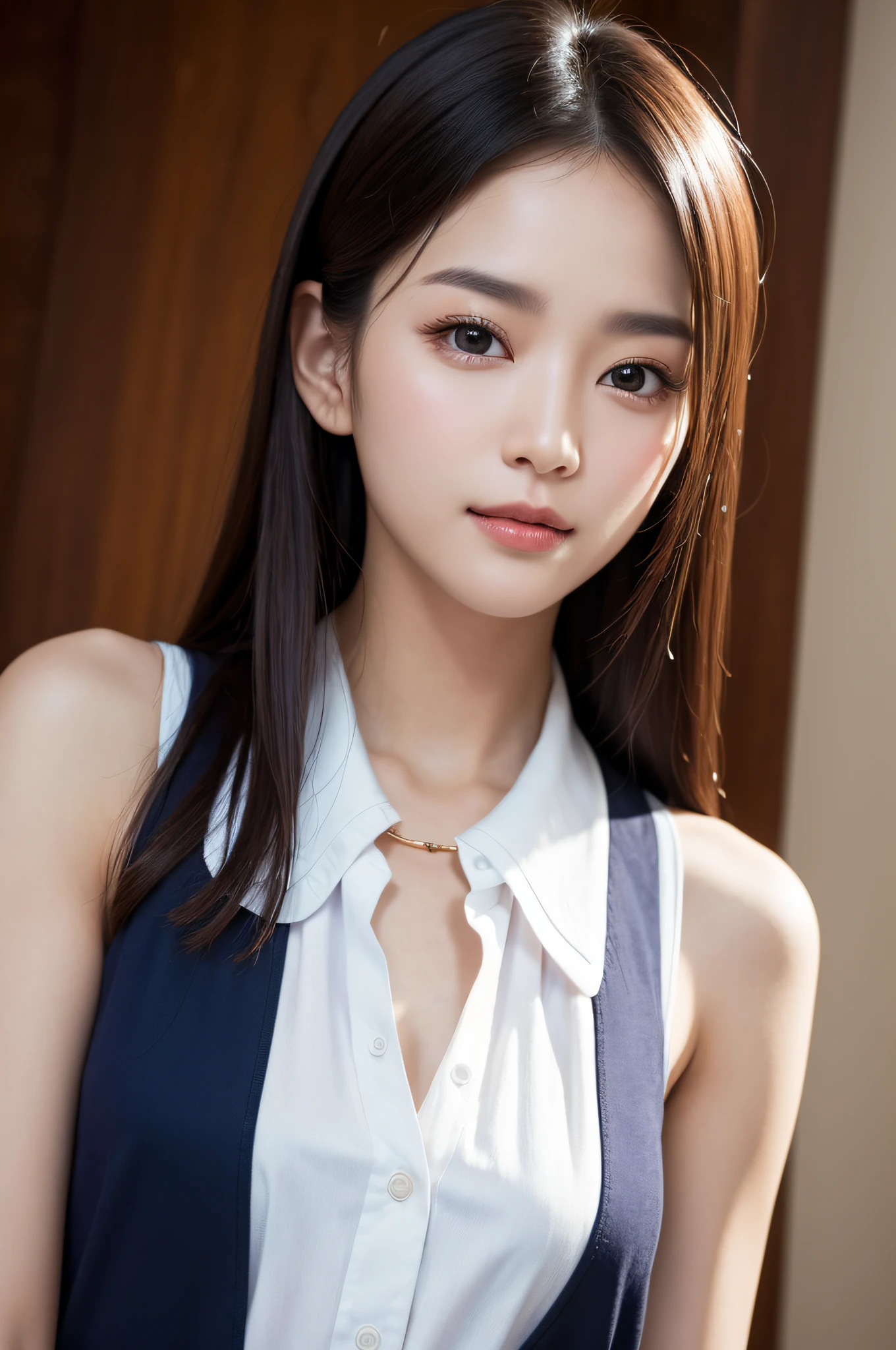 ((best qualtiy、8k masterpieces:1.3))、foco nítido:1.2、(ultra beautiful faces:1.0)、(shinny skin:1.0)、photos realistic、A dark-haired、Video Lighting、High-definition eyes and face、Video Lighting、(cowboy shot:1.3)、(Korean Cute Actress)、from the front side、medium large breasts、ssmile、Sleeveless、Slender Abs Beauty、Wearing a white blouse