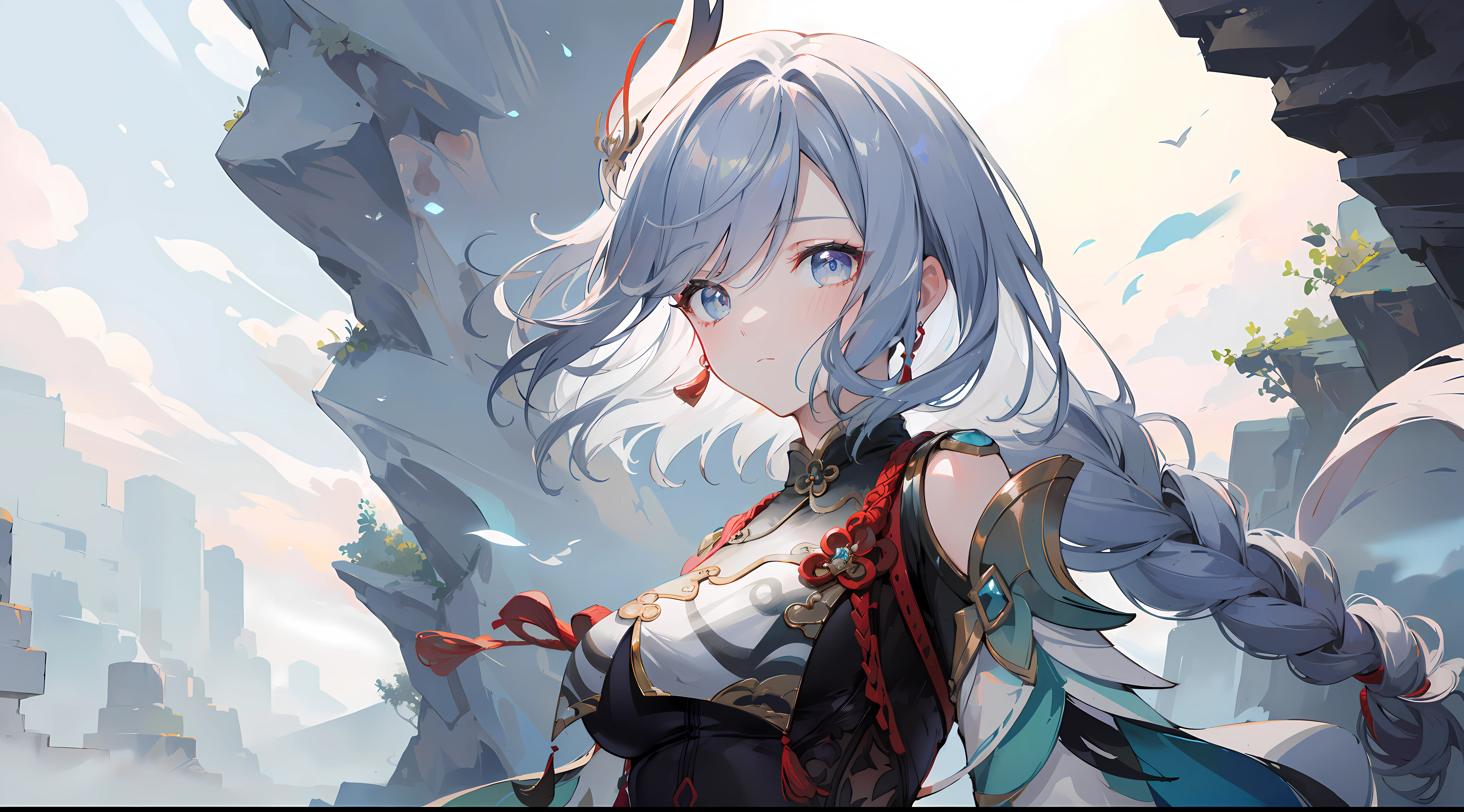 shenhedef, upper body, serious expression, blush, outdoors, night, liyue house background, dark moon sky, short hair, sky, beautiful nature surrounding near canyon, looking at viewer, mountain, moody lighting, (perfect detail eyes:1.2), glowing eyes, (long hair one braid:1.2),
(Masterpiece, Best Quality, High Quality:1.4), professional artwork, Intricate Details, field of view, sharp focus, detailed painting, photorealistic lighting, trending on pixiv, (vivid lighting, vibrant colors:1.05), realistic shadows, ambient occlusion,