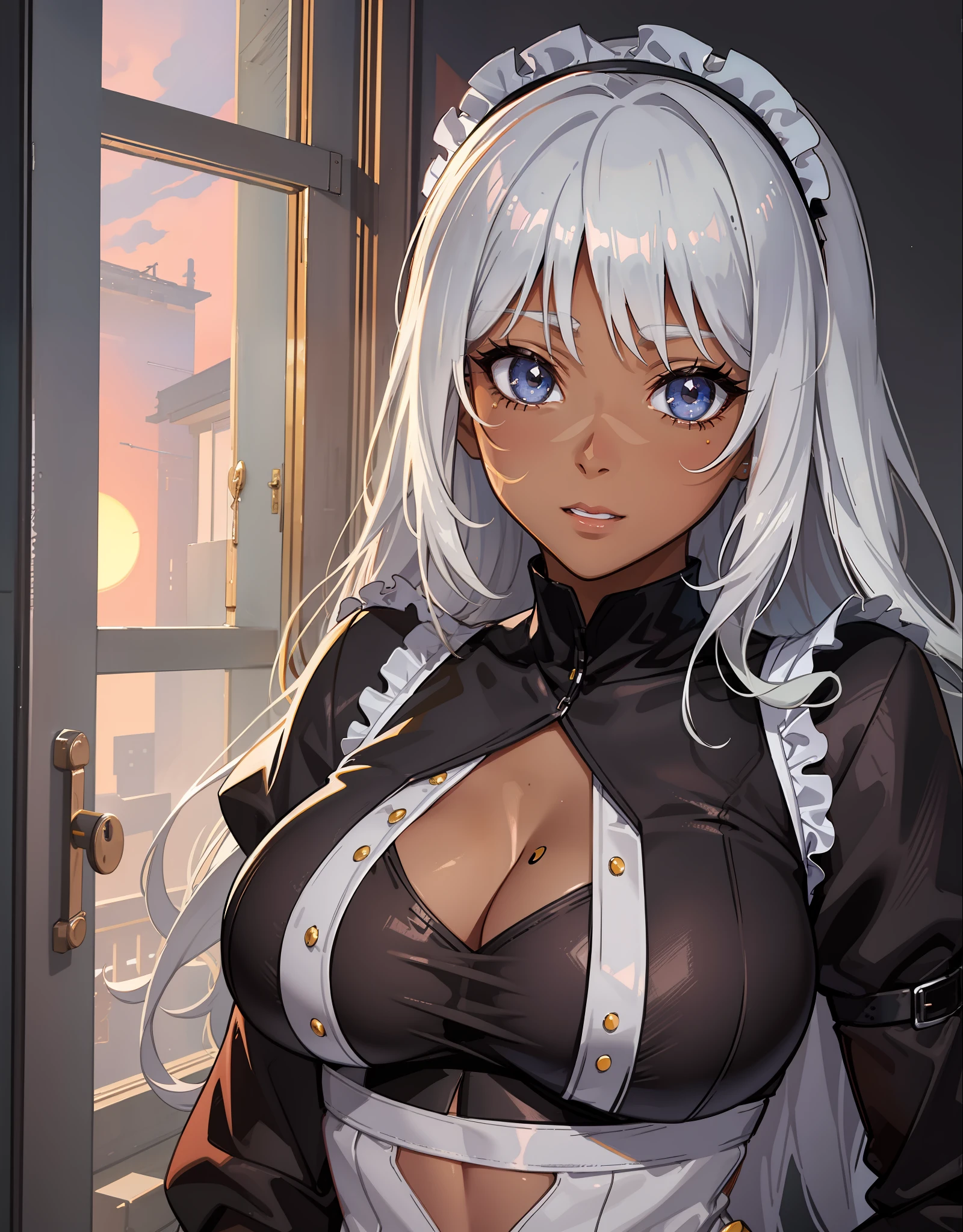 ((((masuter piece、top-quality、Long body、silber hair、large full breasts、Split abs、Brown skin color、perspiring、The front door of the house、Maid appearance、A charming expression、Great look))))、Silvery hair、verd s eyes、(((Very marked camel toe)))、(((Pose with emphasis on the chest)))、(((((Black skin、natta))))),((((darkskin)))),((sun burn))、Realistic skin type、an anime girl、Detailed Digital Anime Art、A seductive anime girl、extremely detailed art germ、a hyperrealistic schoolgirl、Ilyakukvshinov、Smooth Anime CG Art、Ultra Realistic Woman、ig model、ArtGerm、photo-realistic anime girl、digital anime art