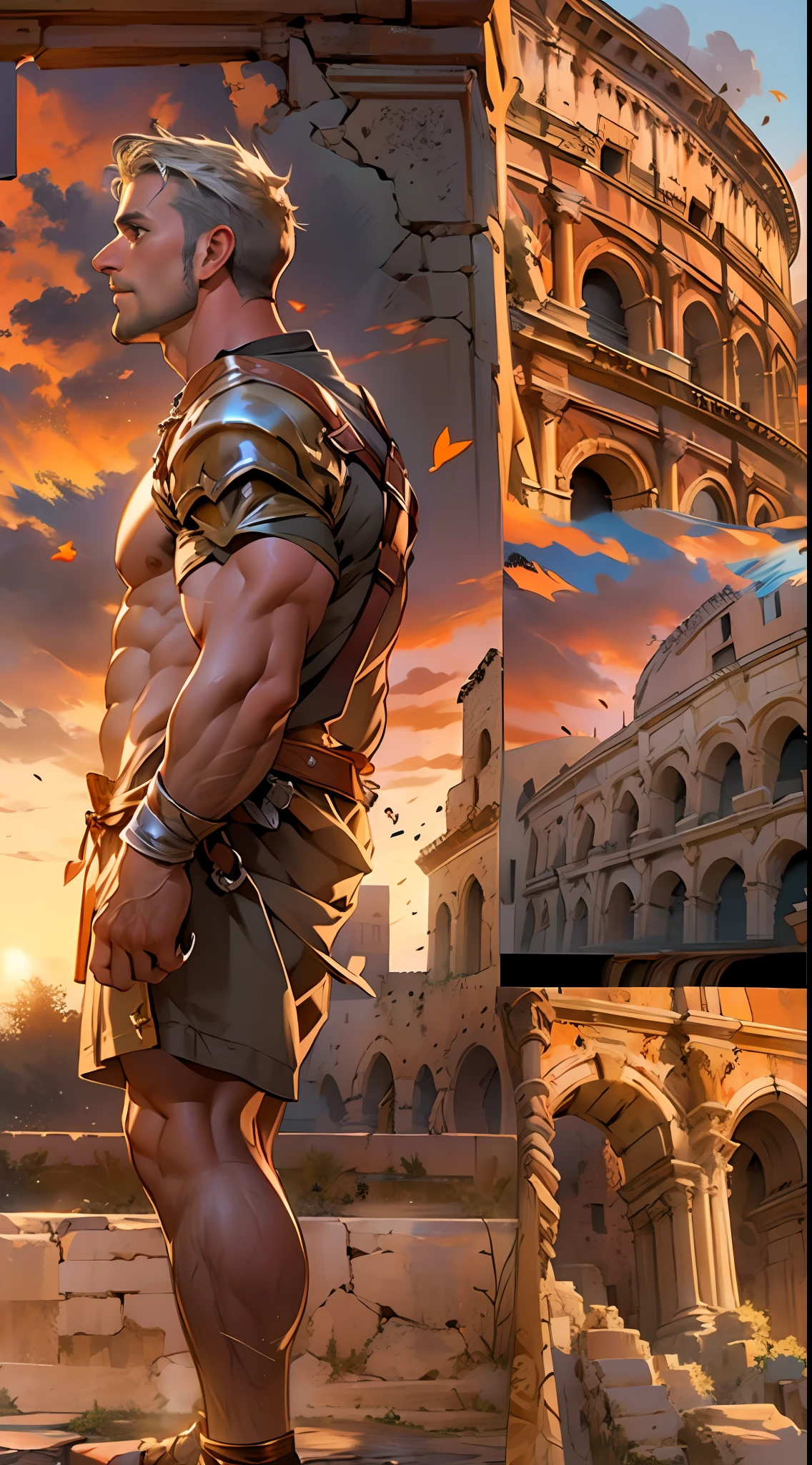 Mighty gladiator, chest uncovered, lower body revealed from thighs to feet, cascading long curls, detailed muscular physique, lifelike depiction, 4K resolution. Background: Colosseum during a spectacular sunset,32k uhd, best quality, masterpiece, super detail, high details