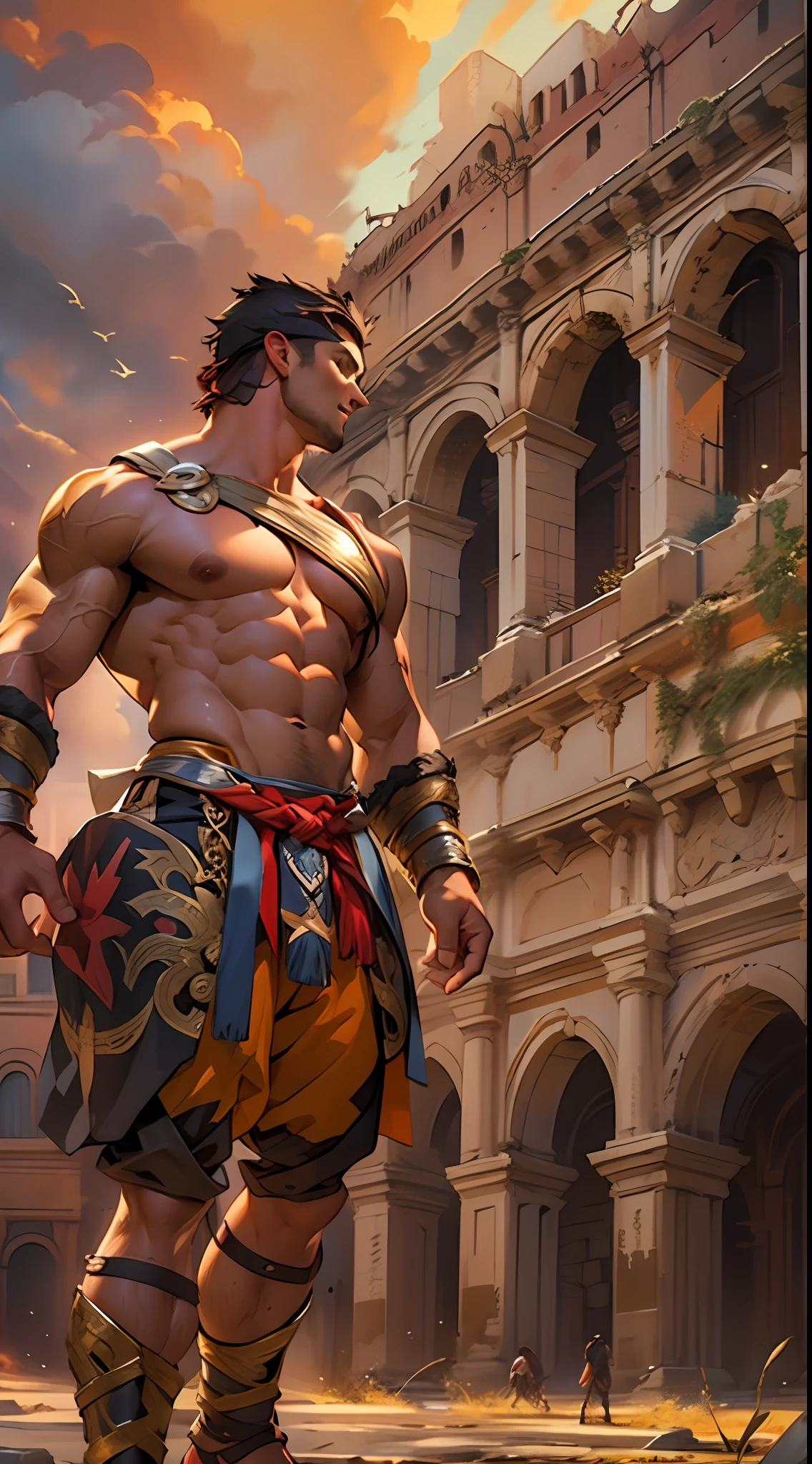 Mighty gladiator, chest uncovered, lower body revealed from thighs to feet, cascading long curls, detailed muscular physique, lifelike depiction, 4K resolution. Background: Colosseum during a spectacular sunset,32k uhd, best quality, masterpiece, super detail, high details