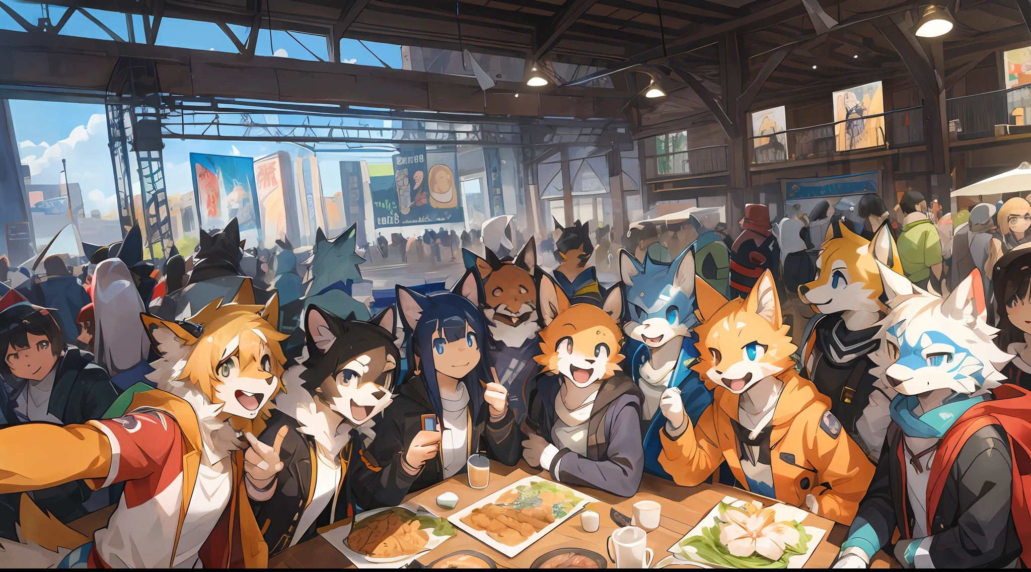 (dynamic angle)top quality, best quality, High-quality illustrations, masterpiece, super high resolution, detailed background, detailed background, Comiket, Cosplayers, group shot:0.5, 6+boys, 6+girls, Happy, joyful, absurdres(highly detailed beautiful face and eyes)perfect anatomy(Photos taken with friends)(kemono, furry anthro)selfie:0.5,