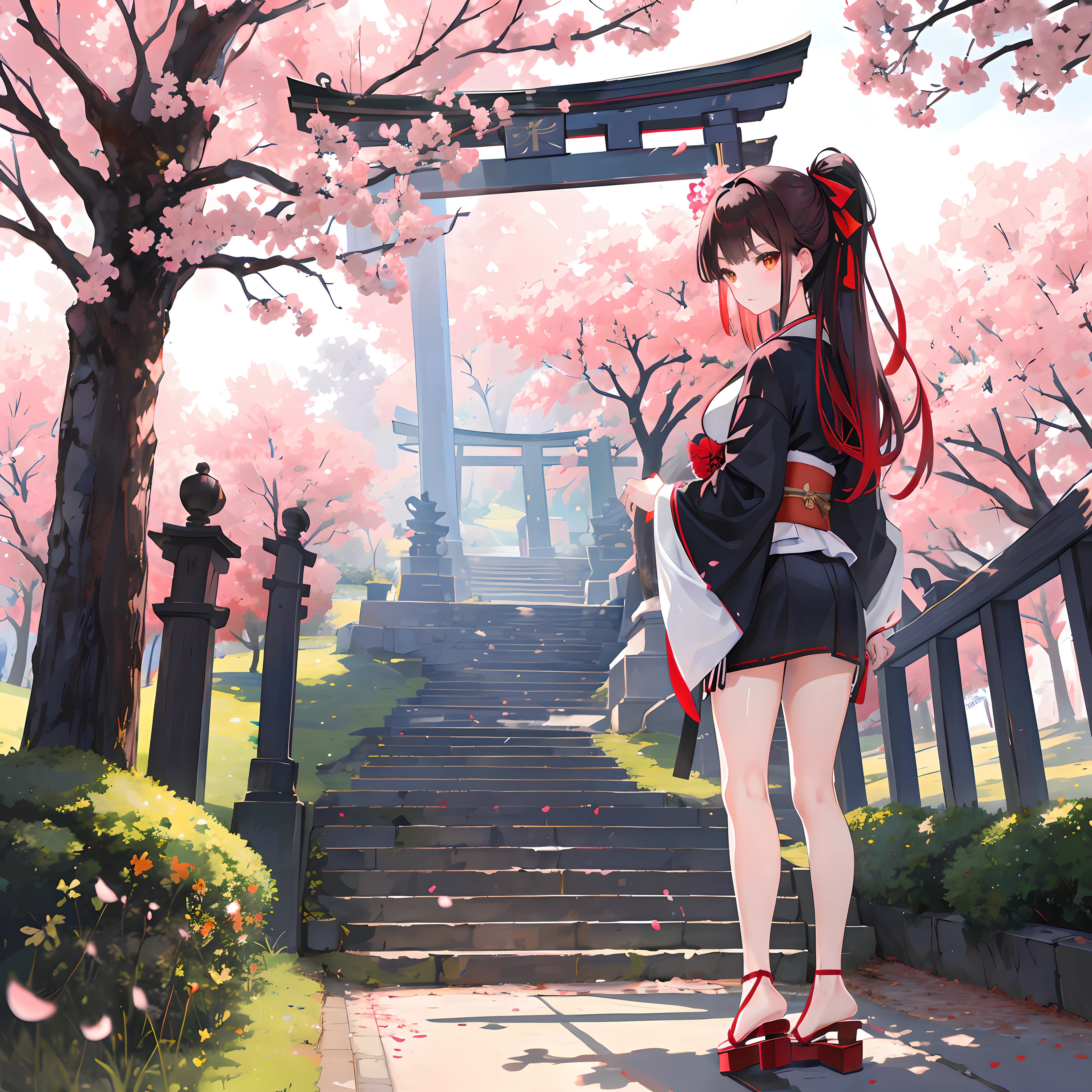 ((Masterpiece, Best Quality)), (More details), 1 girls, black kimono, black garter, black ribbon, black hair, cherry blossoms, days, flowers, hair ribbon, Japanese clothes, Japanese katana sword, Kusanagi no Tsurugi sword, kimono, long hair, look at the audience, look back, multiple girls, belt, outdoors, brown eyes, red hair, ribbon, sandals, stairs, standing, statue, torii, tree, white kimono, yellow eyes, best wallpaper 4k, ray tracing
