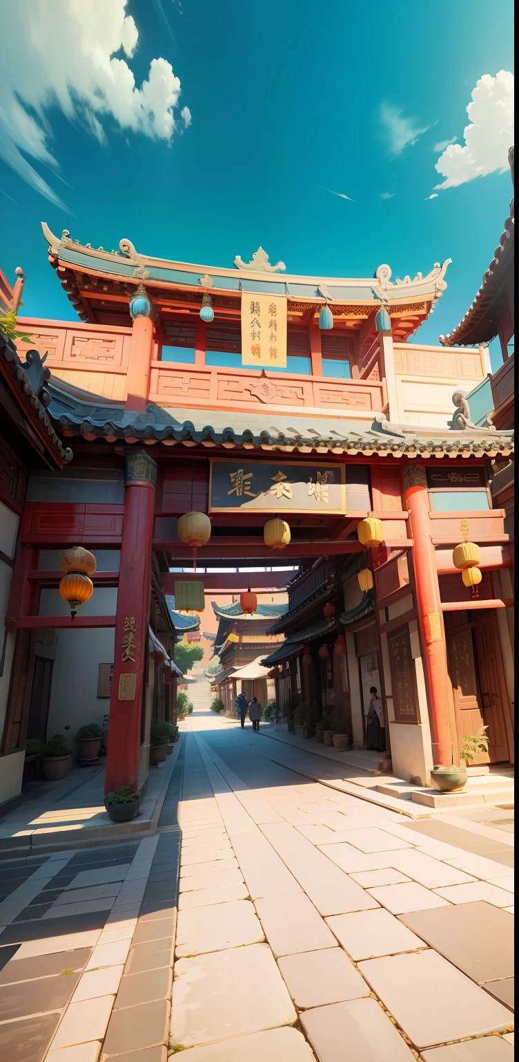 Tang Dynasty streets，Chinese Ancient Times，A lot of ancient people shopping，rich details​，real photograph，rich greenery，flowers blooming，potted，Clear white clouds and blue sky
