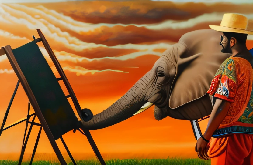 Elephant painting with man standing next to him, he is an artist, Incredible paintings, animal drawing, Intense painting, Incredible art, Interesting art, Superb Painting, Powerful painting, Epic painting, Very humorous oil painting, Focus on elephants, Magnificent paintings, Award Winning Painting, winning artwork, realistic artwork, artist unknown