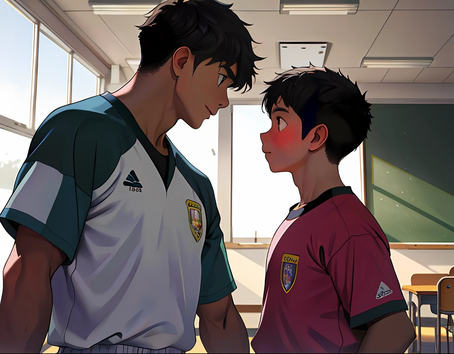 2children from 13 years old , Parlero, dentro, (obra maestra, La mejor calidad, absurdos ), escuela,Classroom two shirtless kids are in school have sweatpants looking into each other's eyes sadly are in the sports room