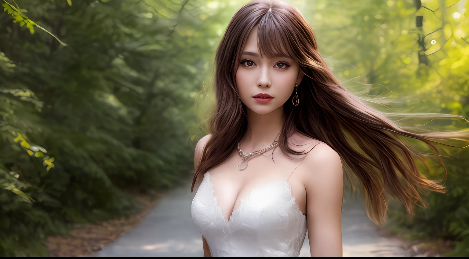 Best quality, Masterpiece, High_Nothing, 1girll, hair adornments, necklace, Beautiful face, Tyndall effect, photograph realistic,perfect female shape,fully body photo,slender leg,Lateral face,stroll,wedding gown,rim lit, twotonelighting, (highdetailskin:1.2), 8K, Ultra HD, Digital SLR, Soft lighting, High quality, ln the forest,Volumetriclighting, candid, photographed, high resolution, 4K, 8K, Bokeh, Breasts are medium large, Nippur, absurderes, shirt, Long straight hair, hair on shoulders, long whitr hair, Brown hair color
