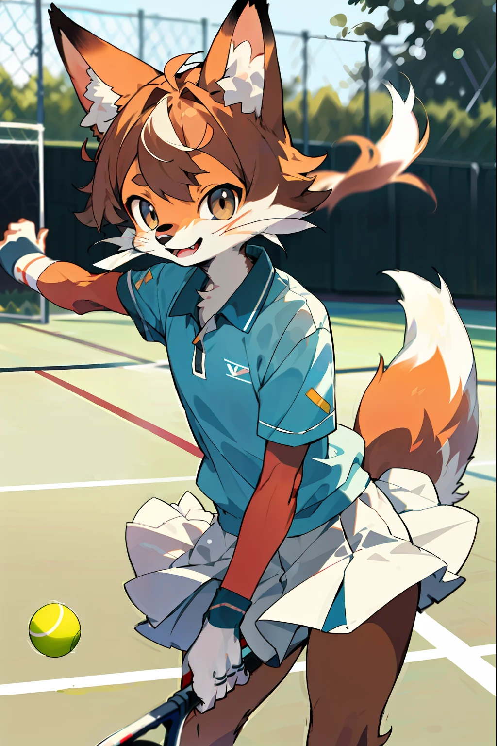 depth of fields，lighting perfect，light particules，（best qualtiy），（tmasterpiece），（ultra - detailed），cartoon image，a fox，Playing tennis，It wears a tennis suit，Sharp focus，light particules，niji，eyesgod，Blushlush，brown_eyes，looking_at_viewer，smile，solo，furry，animal_ear_fluff，On the tennis court，The short skirt was blown by the wind