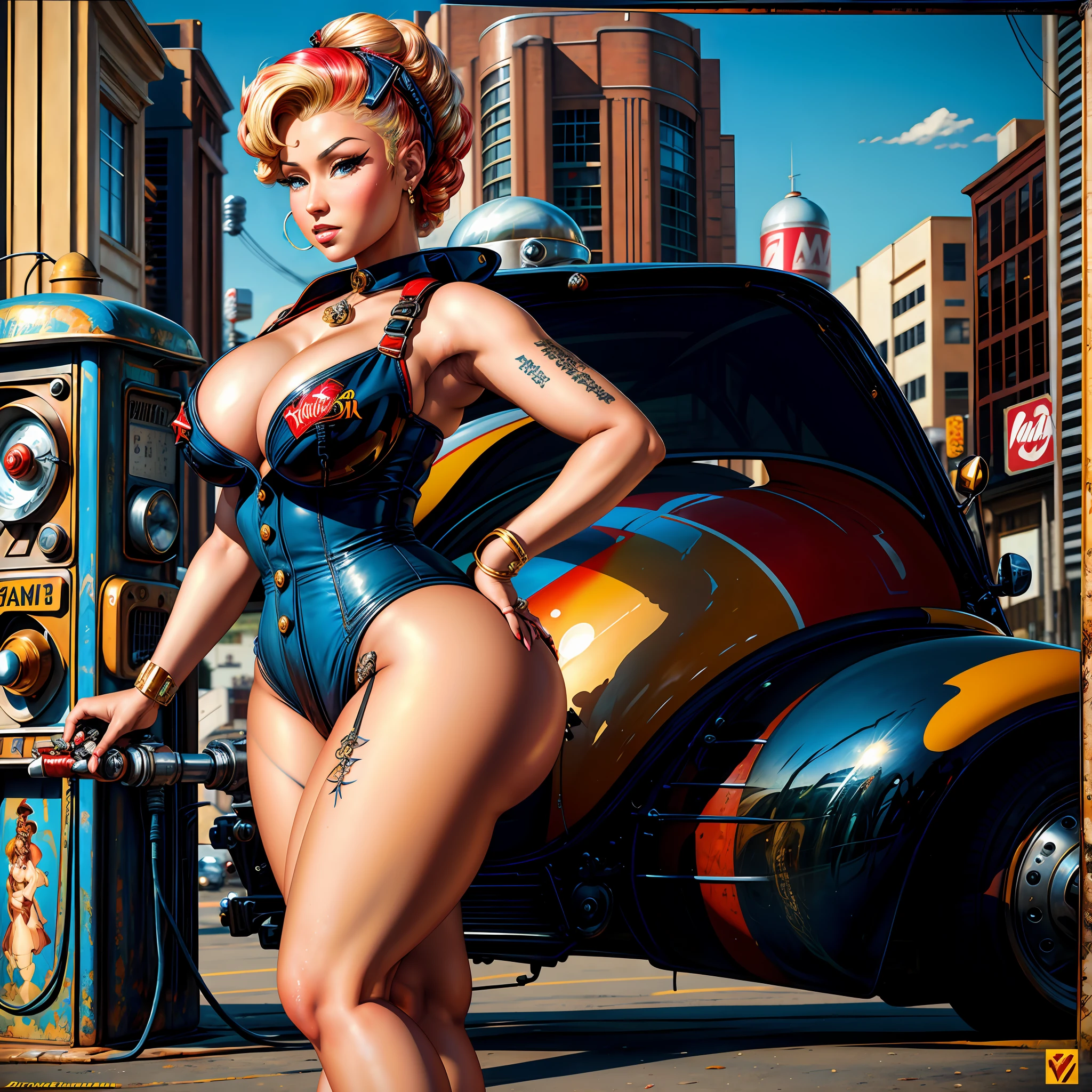 (masterpiece, top quality, best quality, official art, beautiful and aesthetic:1.2), painting of a woman on a motorcycle next to a gas pump, colorful,highest detailed, painting, arafed woman in a red, pinup art, pin - up, pin-up, pin-up poster girl, pin up girl, artgerm girl pinup, pin up, pinup girl, dieselpunk art style, inspired, 8 k hd detailed oil painting, at a city street, photorealism,